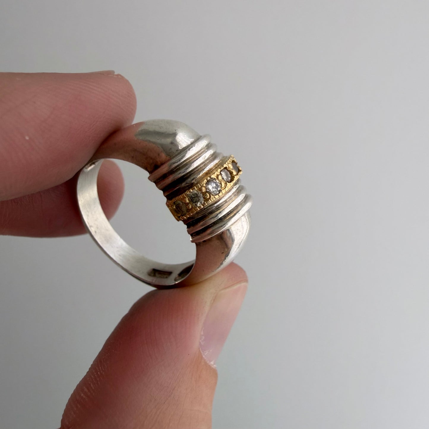 E S T A T E // 1940s lines / sterling silver + 10k + diamond ribbed arch ring / size 6.75