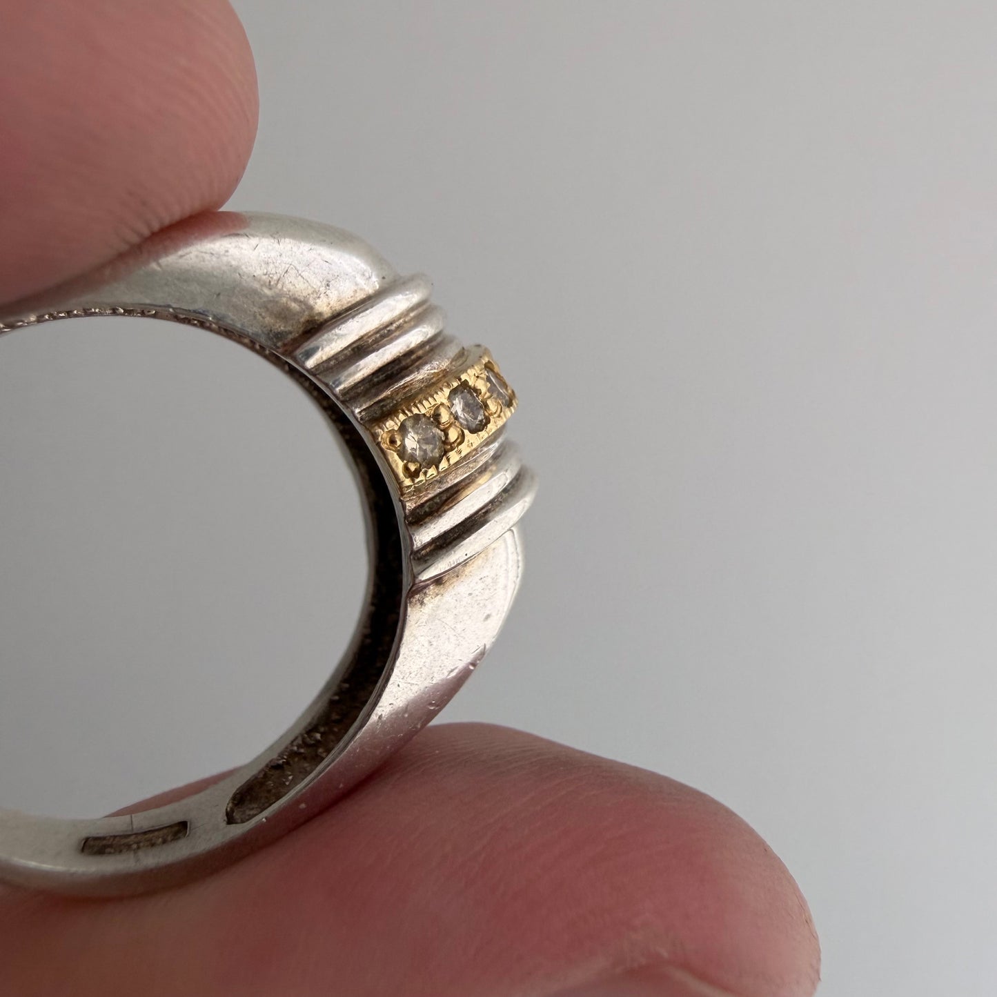 E S T A T E // 1940s lines / sterling silver + 10k + diamond ribbed arch ring / size 6.75