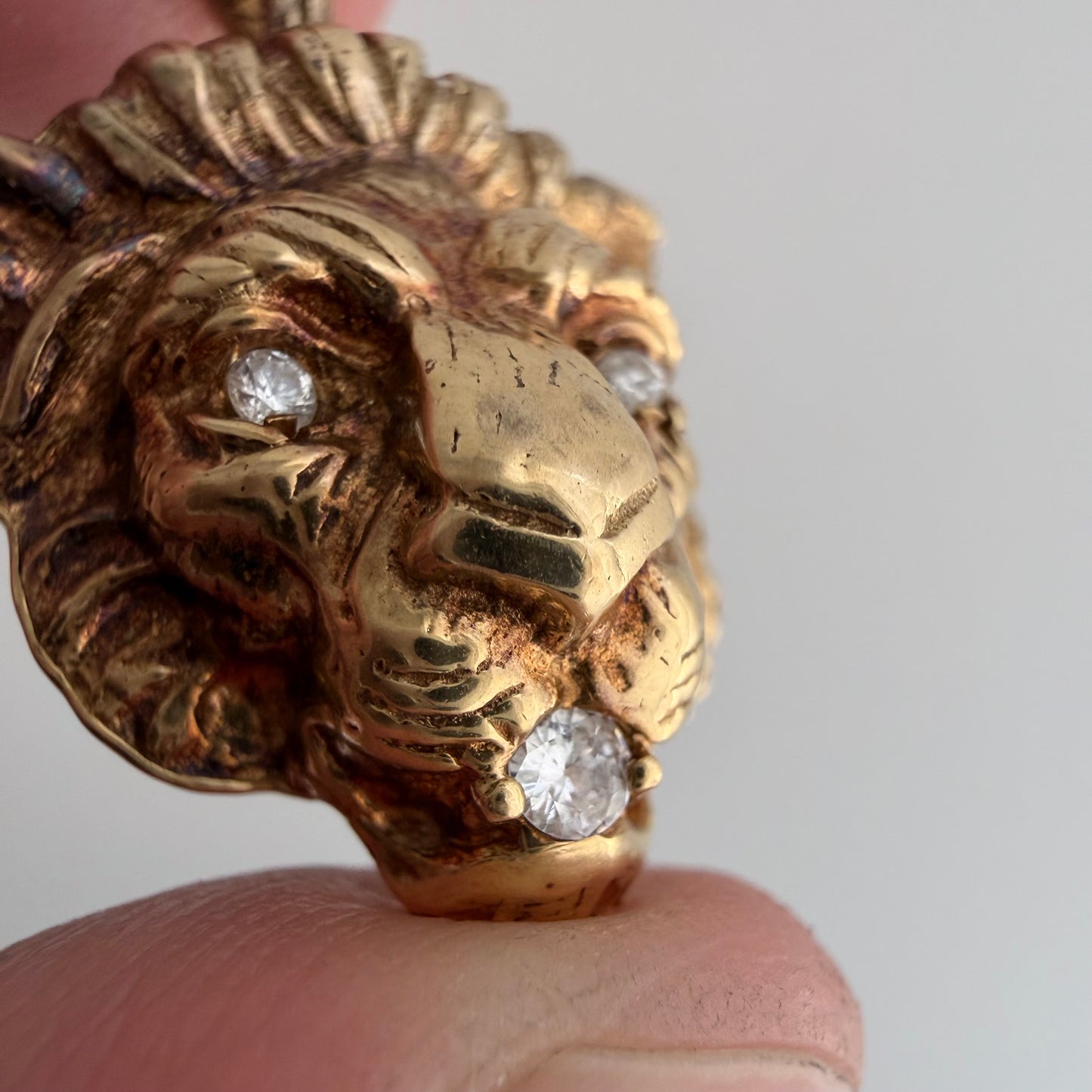 V I N T A G E // diamond grin / solid 14k yellow gold and diamond lion face / a pendant
