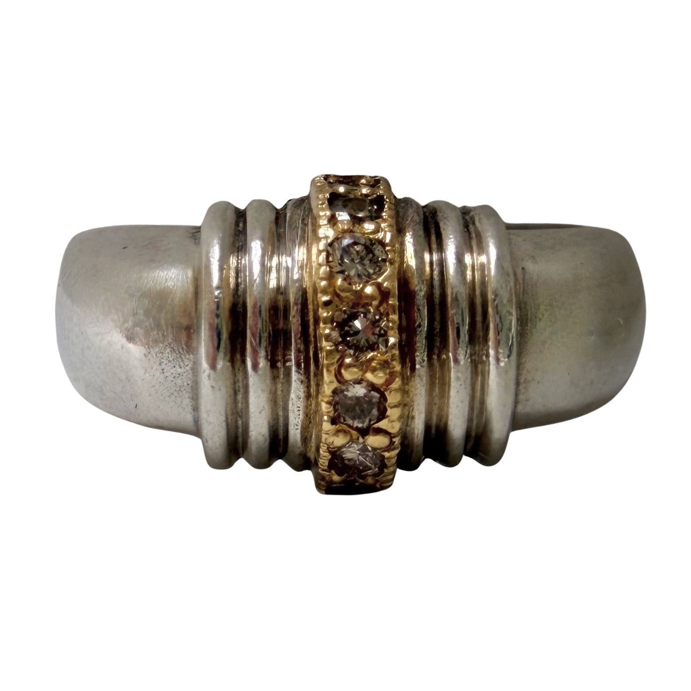 E S T A T E // 1940s lines / sterling silver + 10k + diamond ribbed arch ring / size 6.75