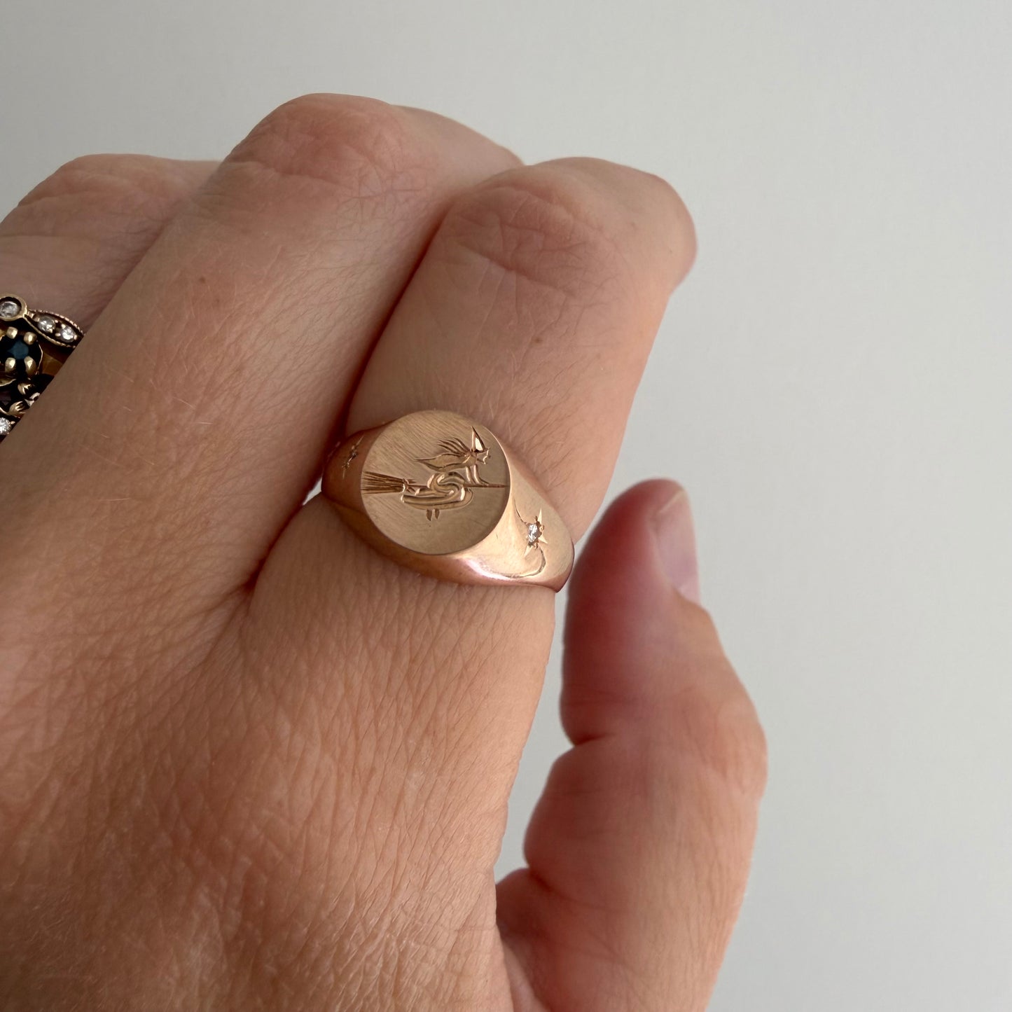 reimagined V I N T A G E // the best witch / 18k rosy yellow gold and diamond round witch signet / size ~6