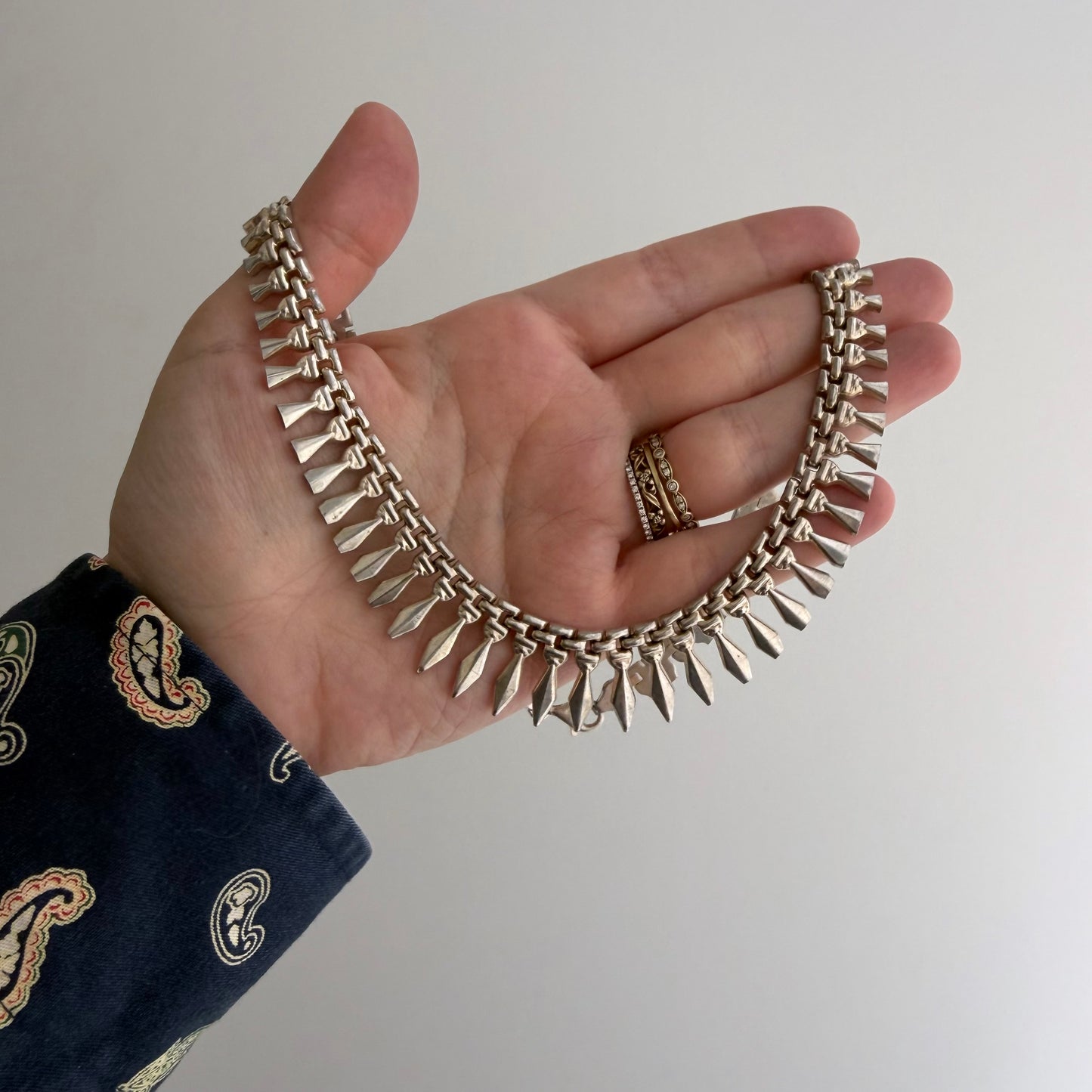 V I N T A G E // like Cleopatra / sterling silver paneled fringe collar necklace / 17", 34.6g