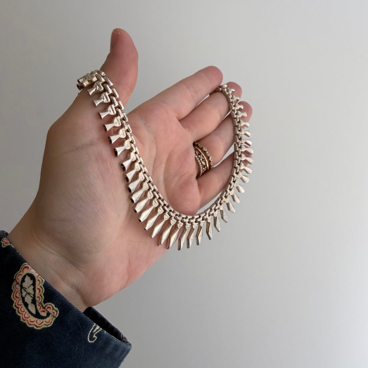 V I N T A G E // like Cleopatra / sterling silver paneled fringe collar necklace / 17", 34.6g