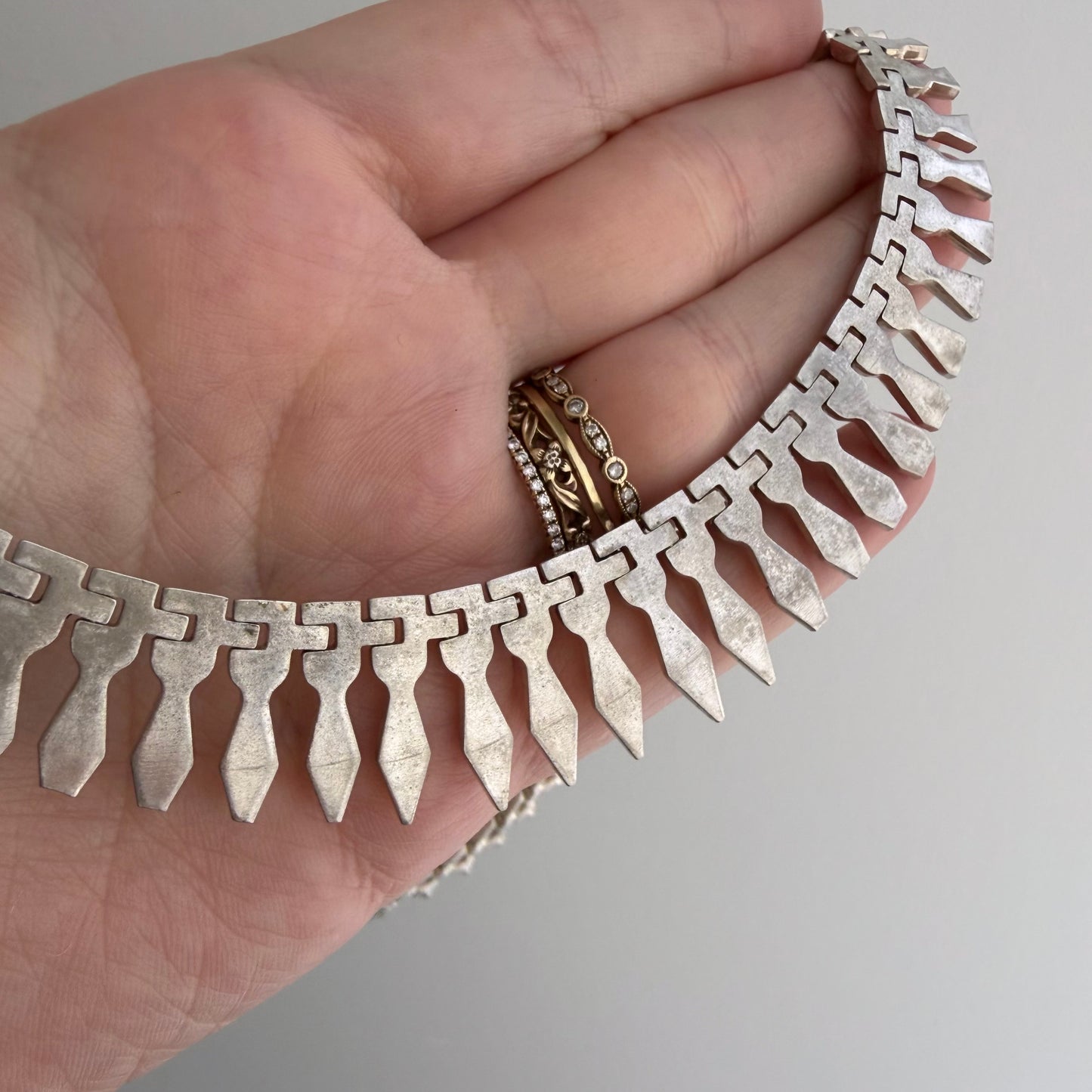 V I N T A G E // like Cleopatra / sterling silver paneled fringe collar necklace / 17", 34.6g