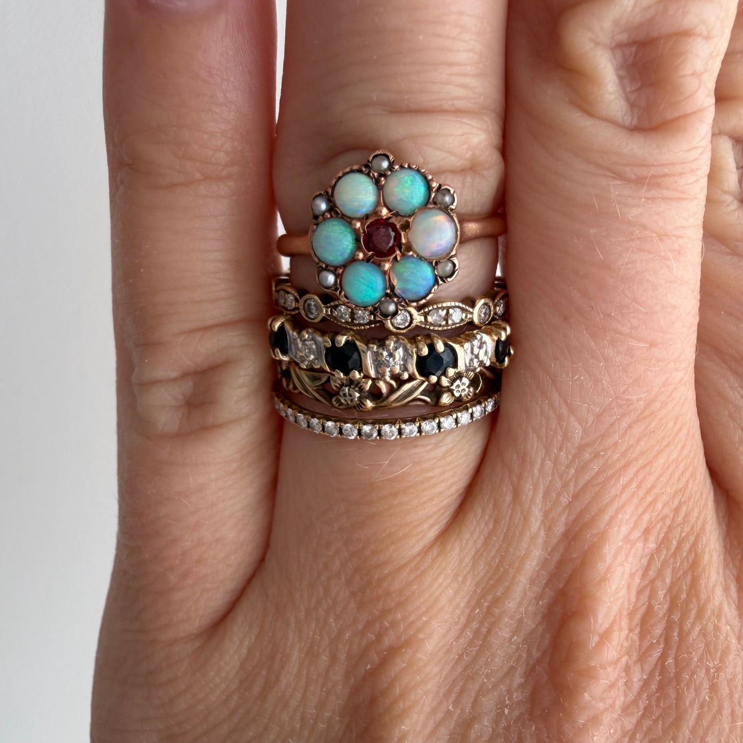 A N T I Q U E // fire flower / victorian 10k + opal + garnet + seed pearl cluster ring / size 4.75