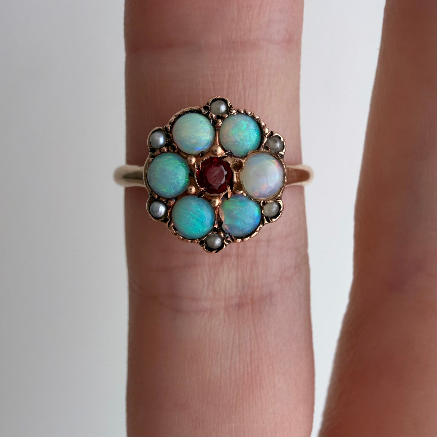 A N T I Q U E // fire flower / victorian 10k + opal + garnet + seed pearl cluster ring / size 4.75