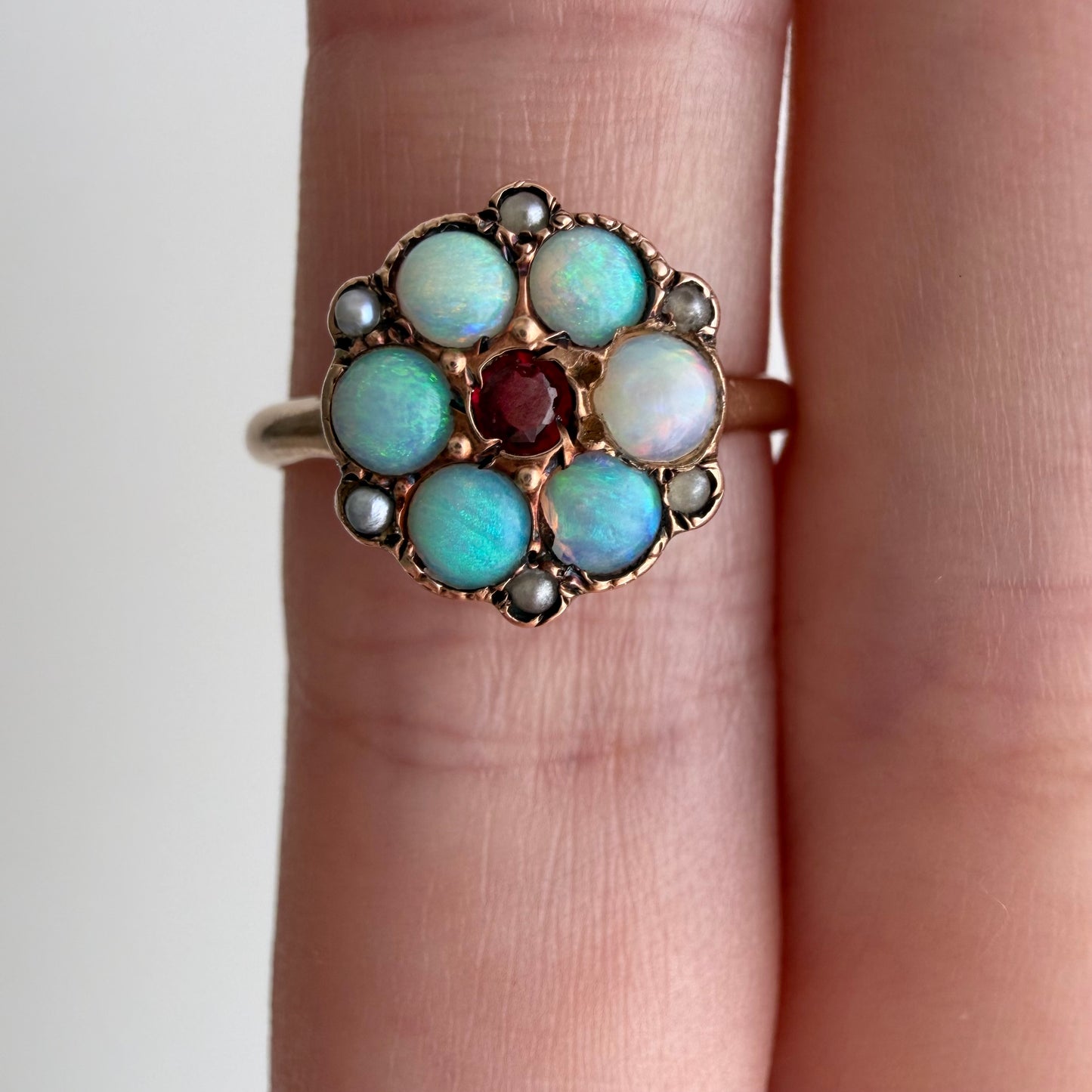 A N T I Q U E // fire flower / victorian 10k + opal + garnet + seed pearl cluster ring / size 4.75