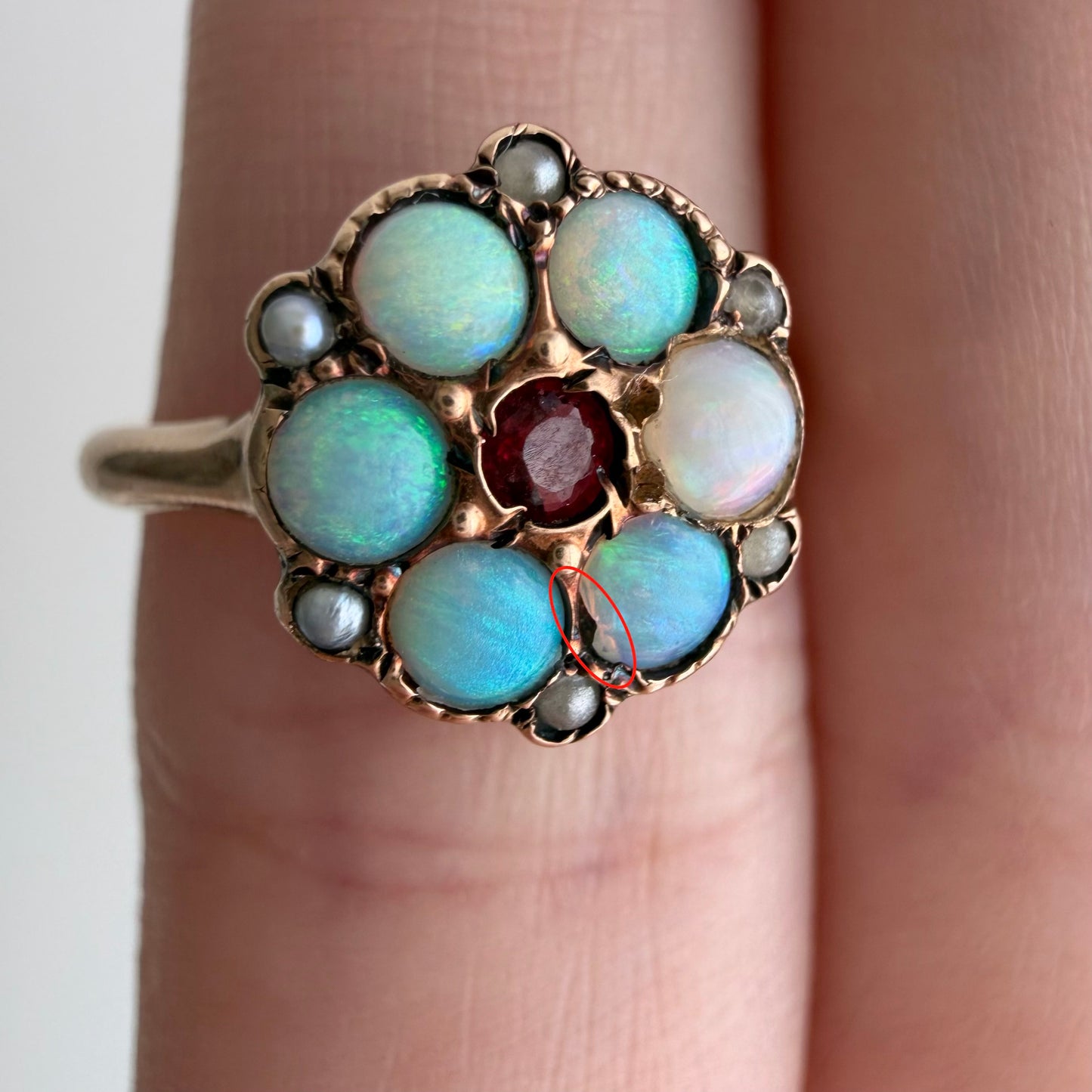 A N T I Q U E // fire flower / victorian 10k + opal + garnet + seed pearl cluster ring / size 4.75