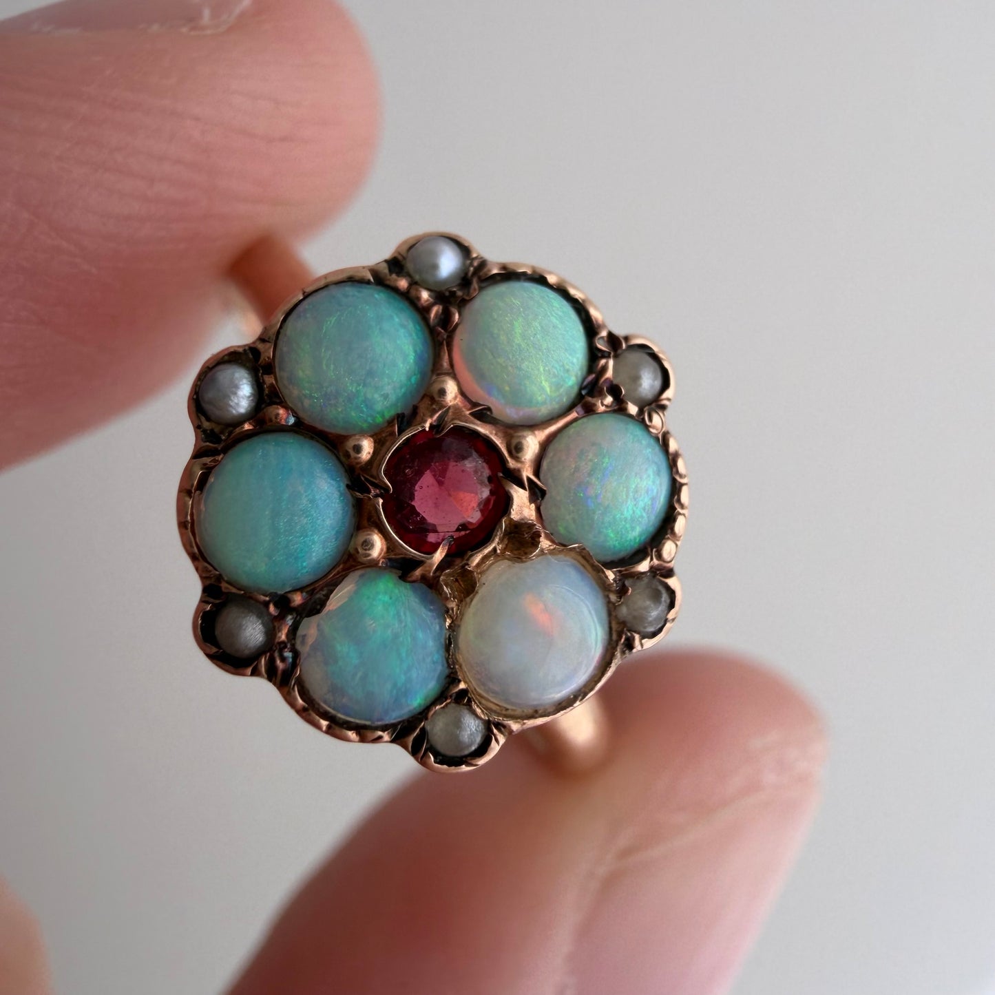 A N T I Q U E // fire flower / victorian 10k + opal + garnet + seed pearl cluster ring / size 4.75