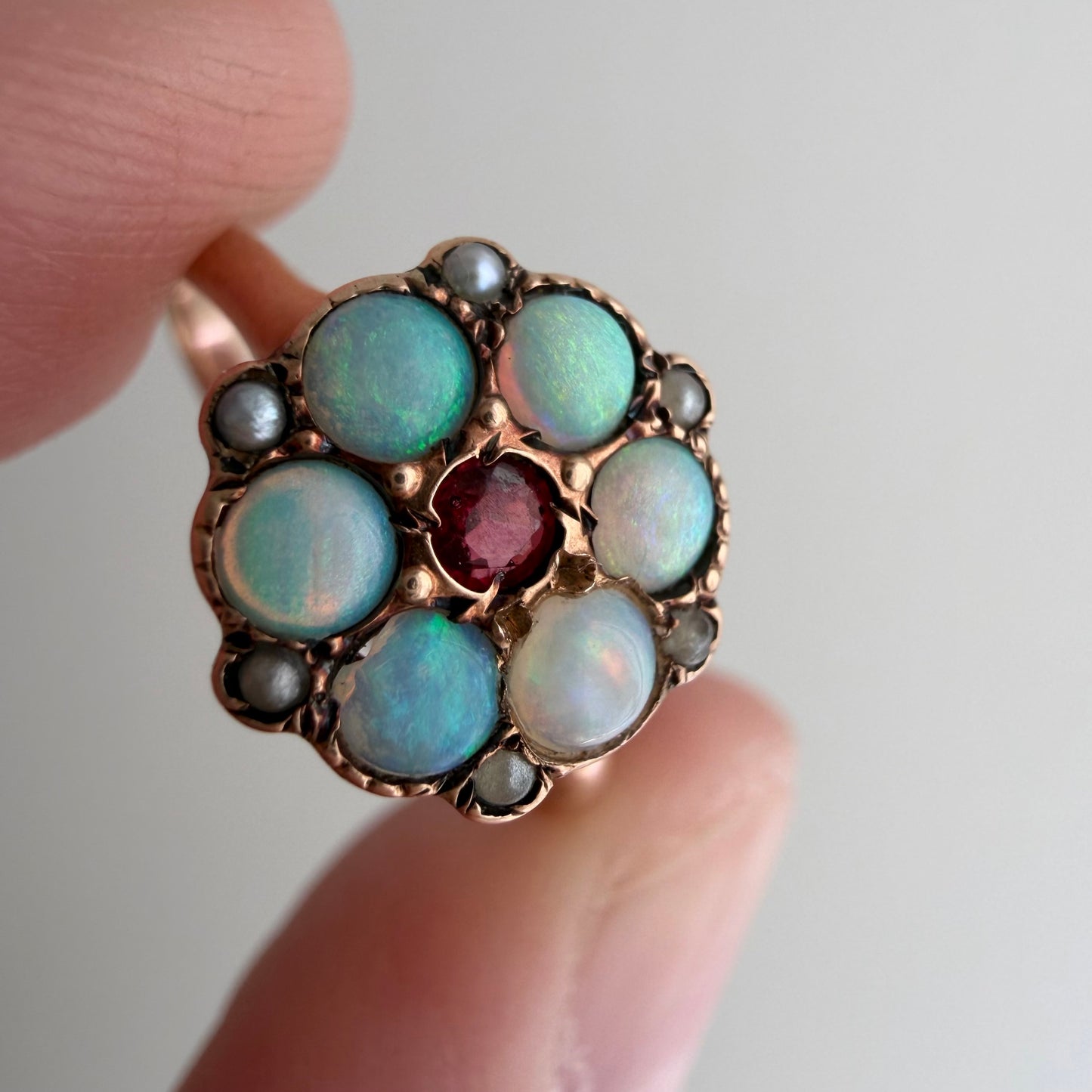A N T I Q U E // fire flower / victorian 10k + opal + garnet + seed pearl cluster ring / size 4.75