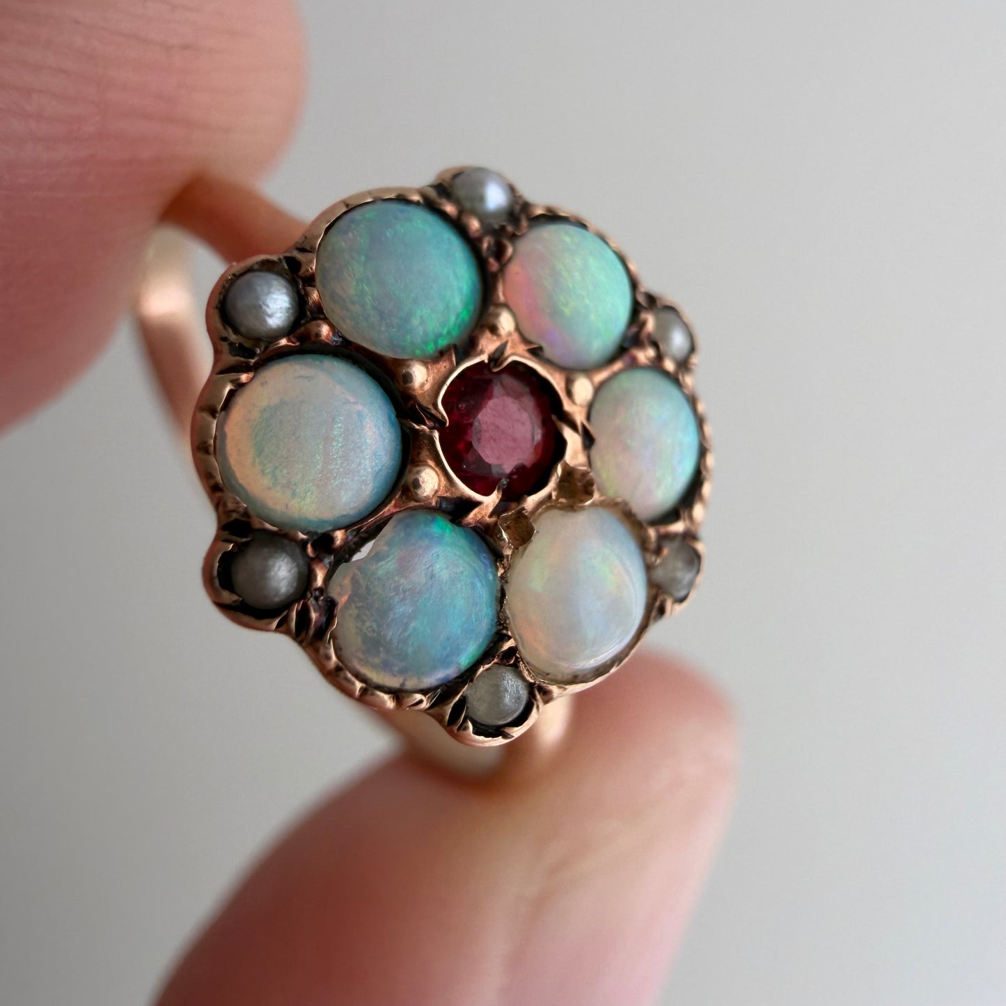 A N T I Q U E // fire flower / victorian 10k + opal + garnet + seed pearl cluster ring / size 4.75