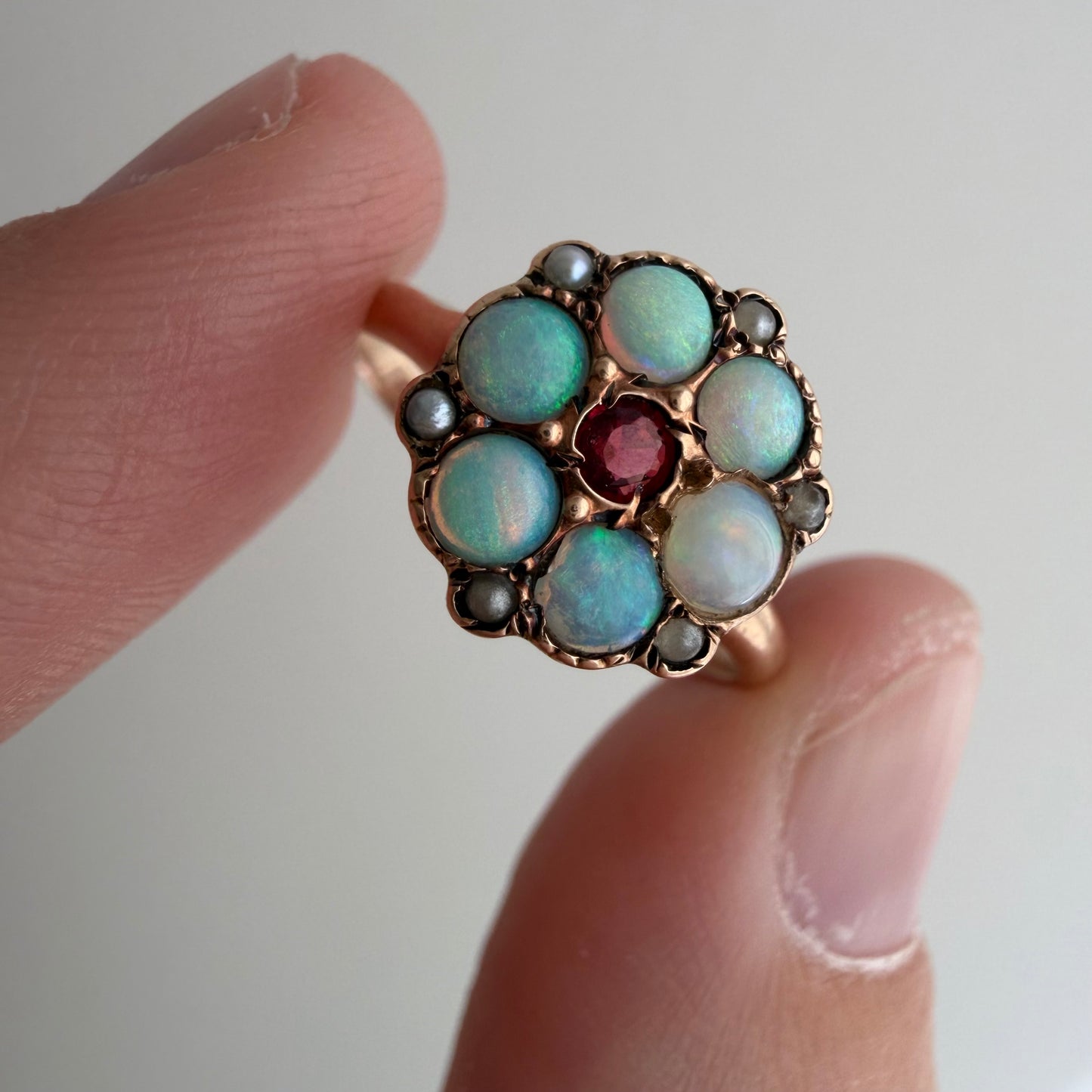 A N T I Q U E // fire flower / victorian 10k + opal + garnet + seed pearl cluster ring / size 4.75
