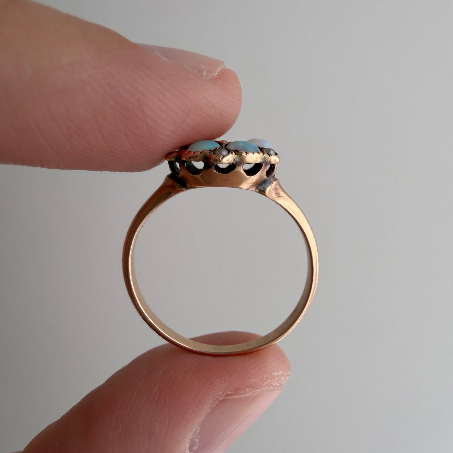 A N T I Q U E // fire flower / victorian 10k + opal + garnet + seed pearl cluster ring / size 4.75