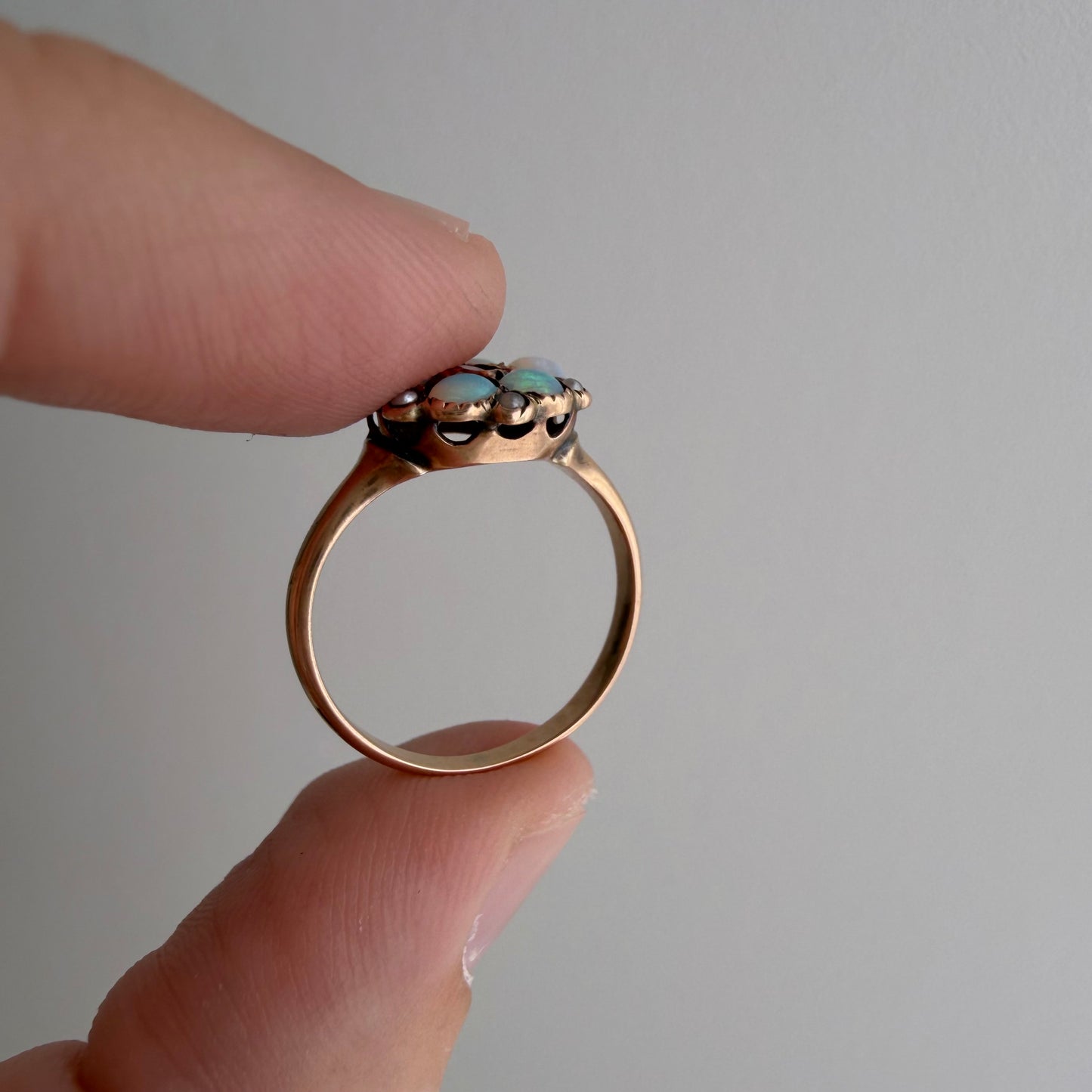 A N T I Q U E // fire flower / victorian 10k + opal + garnet + seed pearl cluster ring / size 4.75