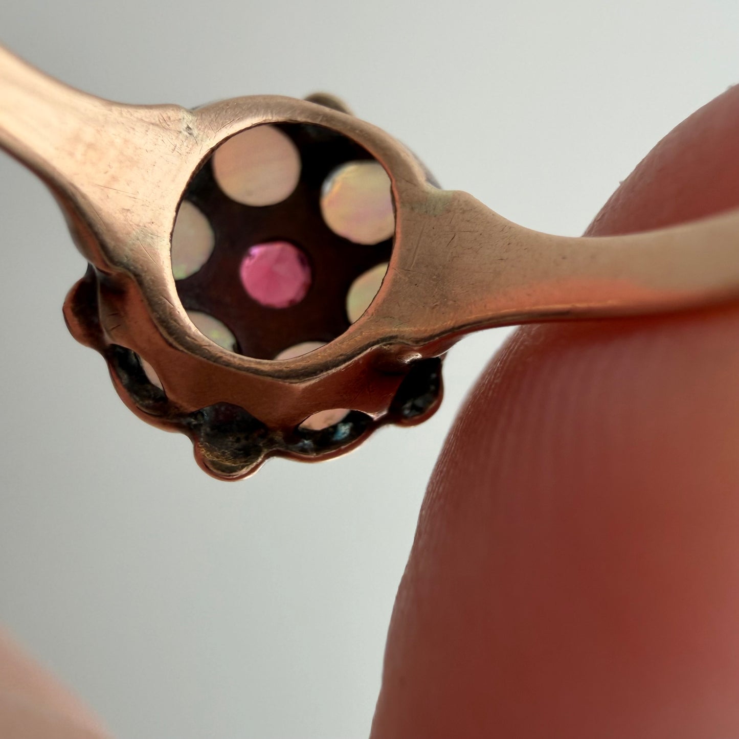 A N T I Q U E // fire flower / victorian 10k + opal + garnet + seed pearl cluster ring / size 4.75