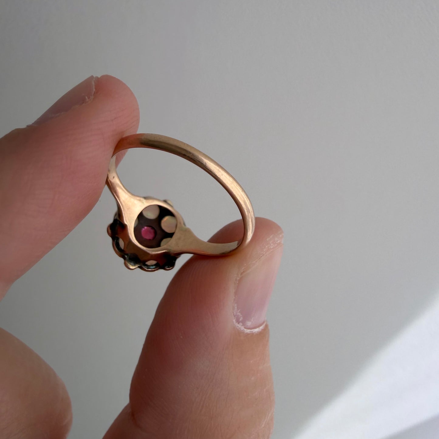 A N T I Q U E // fire flower / victorian 10k + opal + garnet + seed pearl cluster ring / size 4.75