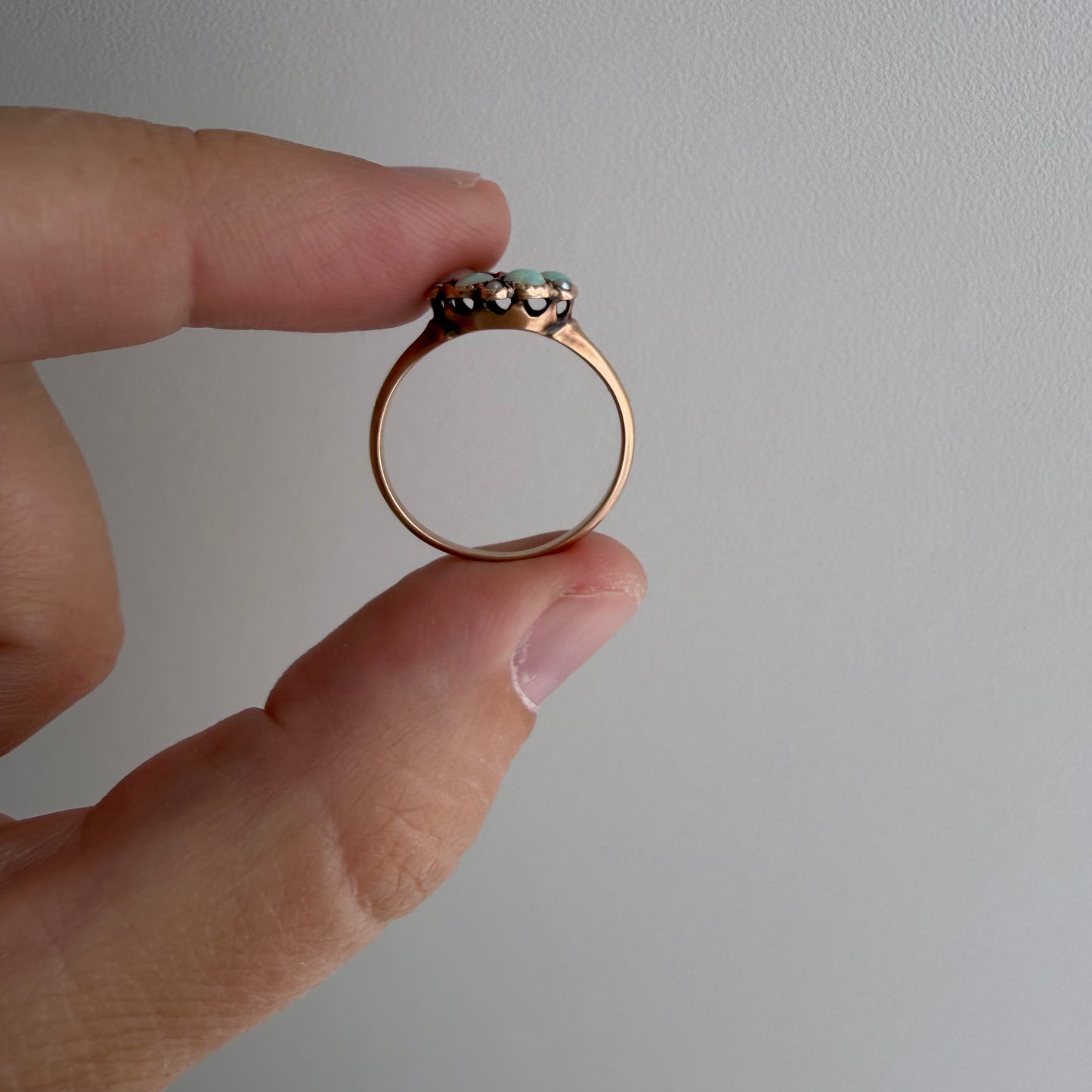 A N T I Q U E // fire flower / victorian 10k + opal + garnet + seed pearl cluster ring / size 4.75