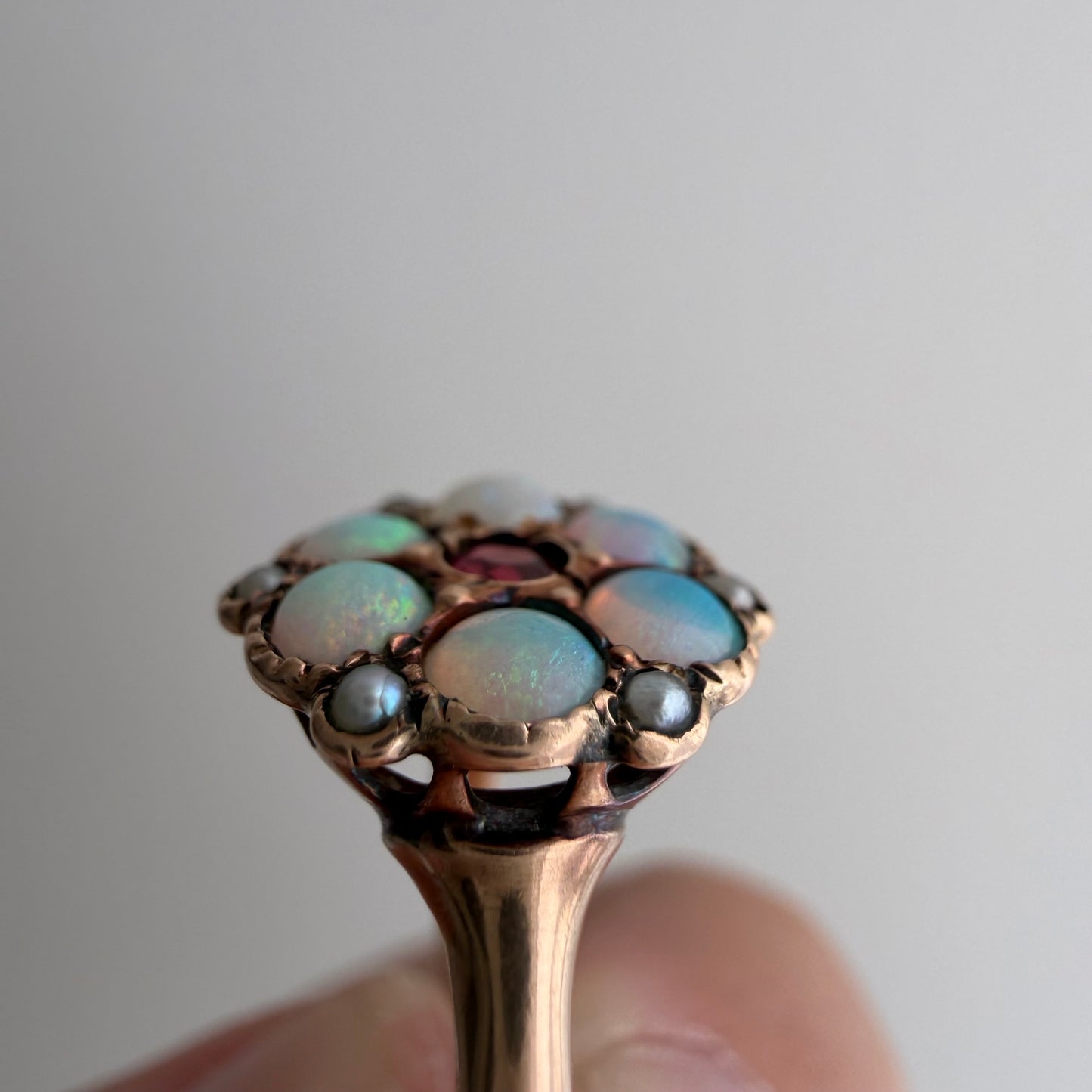A N T I Q U E // fire flower / victorian 10k + opal + garnet + seed pearl cluster ring / size 4.75