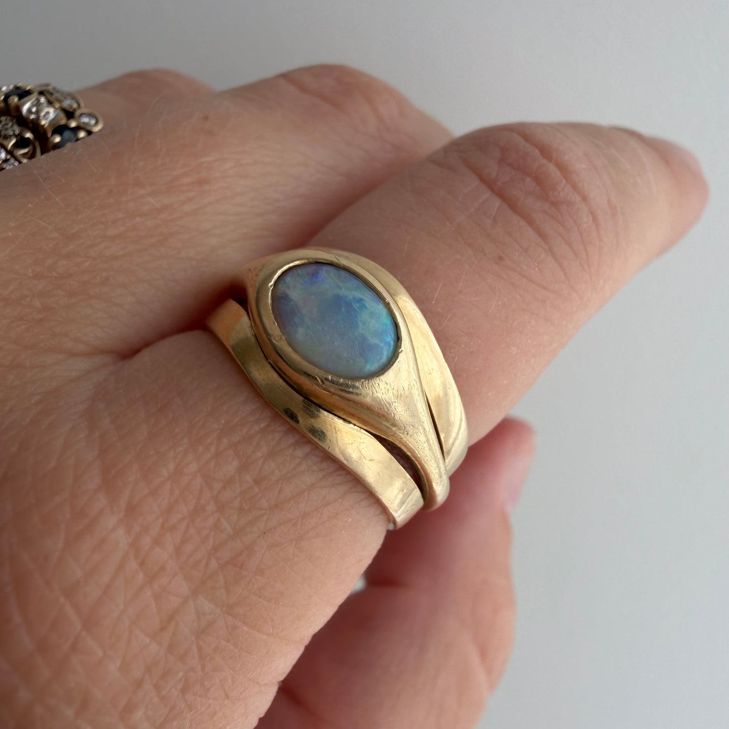 V I N T A G E // opal eye / modernist flush set opal instant stack ring / size 5.25 to 6.25