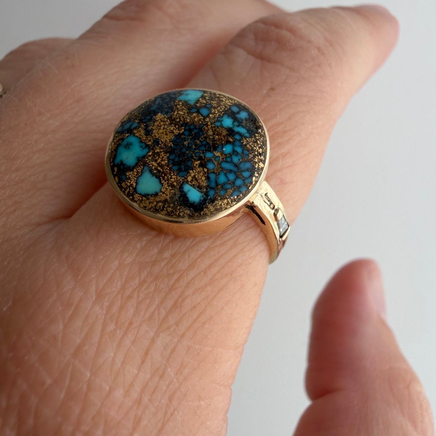 reimagined V I N T A G E // all that glitters / 14k + turquoise in copper or pyrite + baguette diamonds / size 6.5-ish
