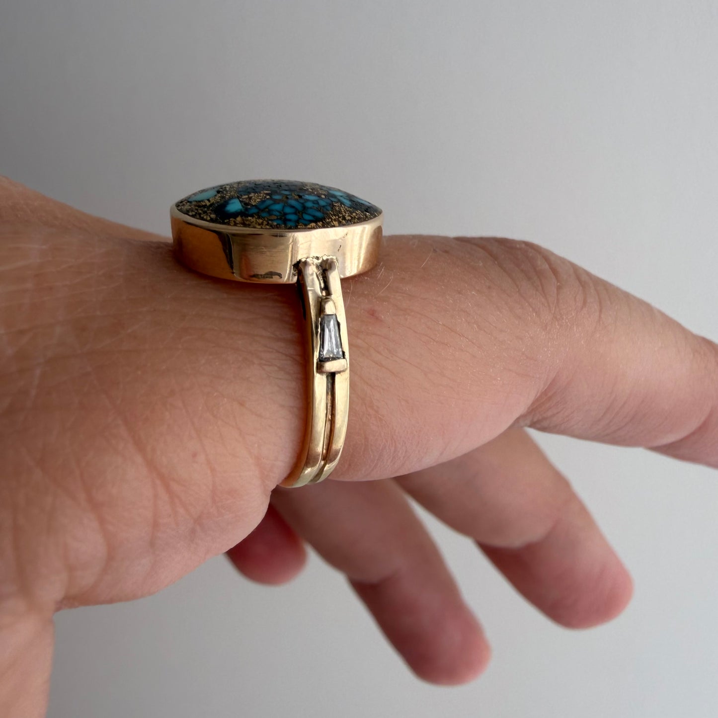 reimagined V I N T A G E // all that glitters / 14k + turquoise in copper or pyrite + baguette diamonds / size 6.5-ish
