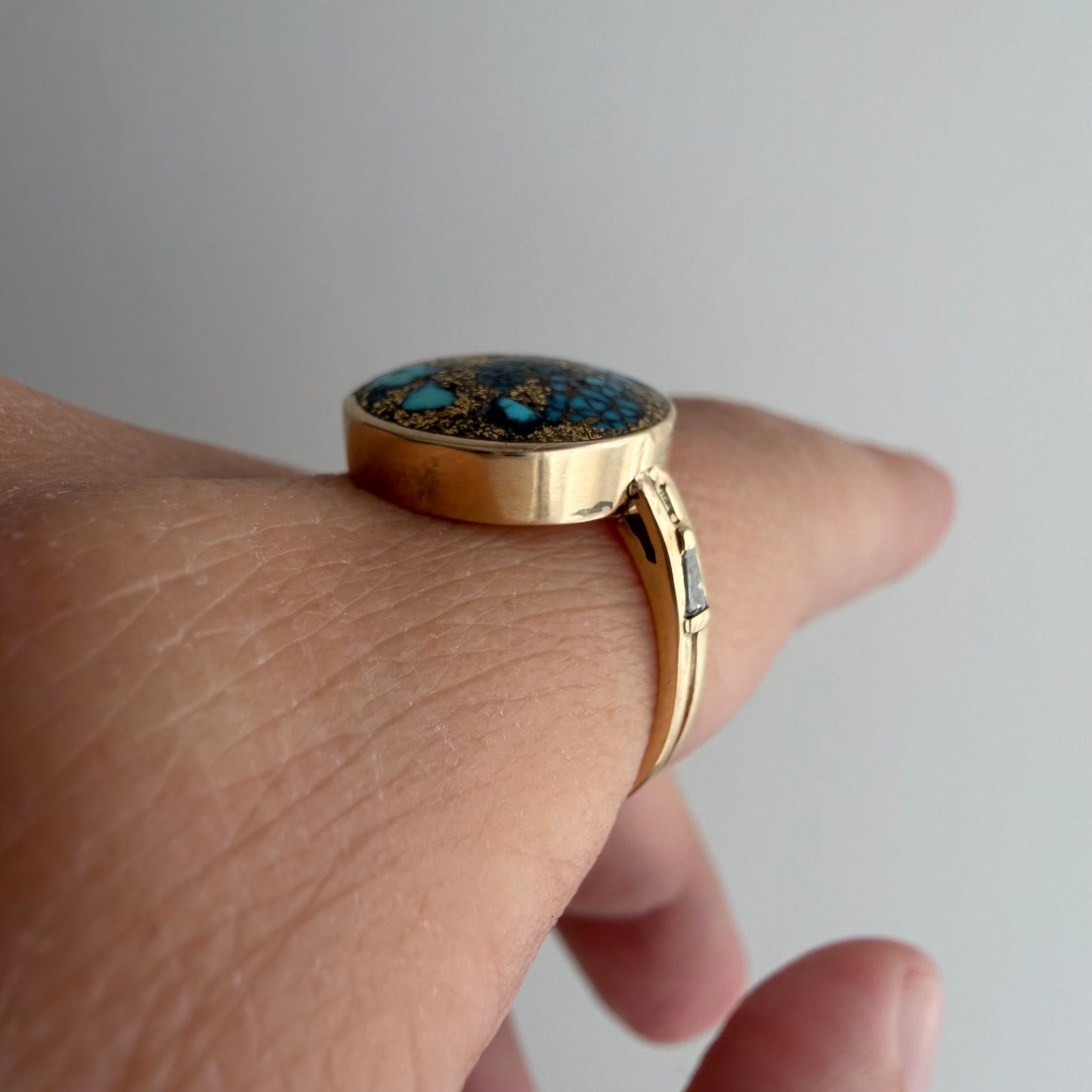 reimagined V I N T A G E // all that glitters / 14k + turquoise in copper or pyrite + baguette diamonds / size 6.5-ish