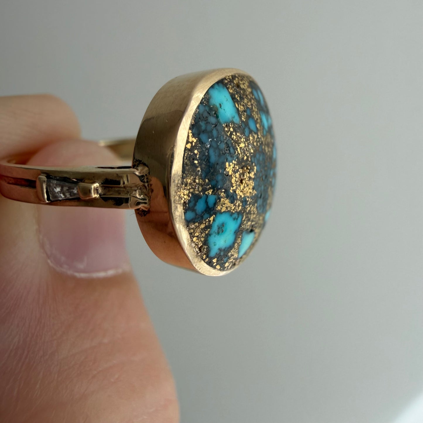 reimagined V I N T A G E // all that glitters / 14k + turquoise in copper or pyrite + baguette diamonds / size 6.5-ish