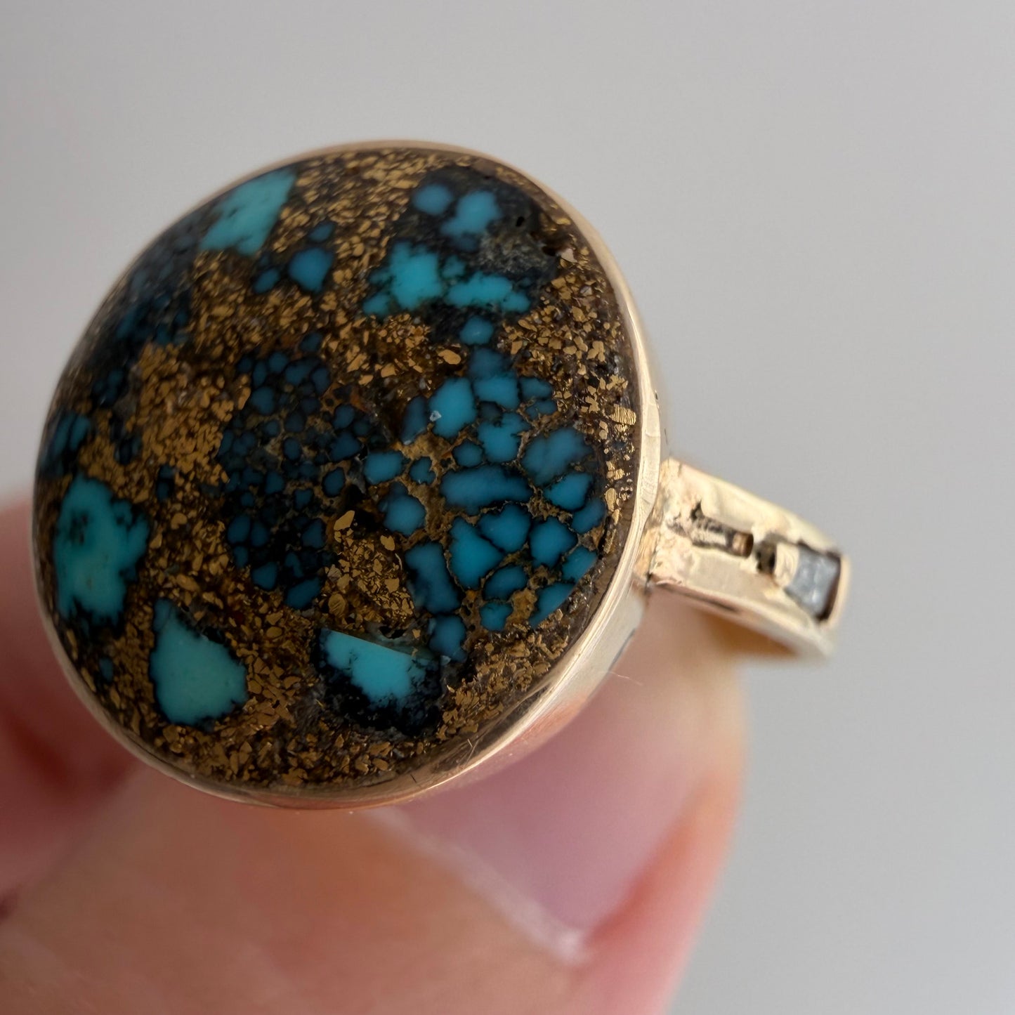 reimagined V I N T A G E // all that glitters / 14k + turquoise in copper or pyrite + baguette diamonds / size 6.5-ish