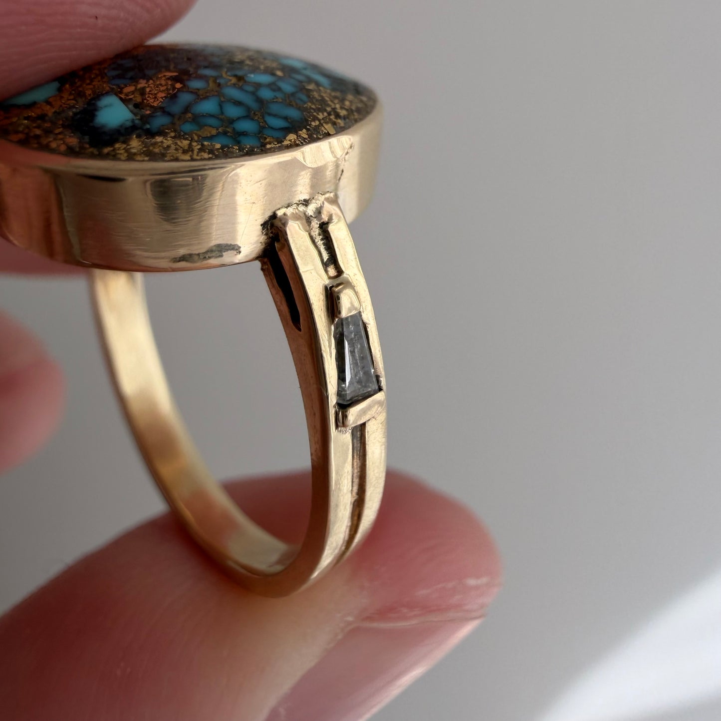 reimagined V I N T A G E // all that glitters / 14k + turquoise in copper or pyrite + baguette diamonds / size 6.5-ish