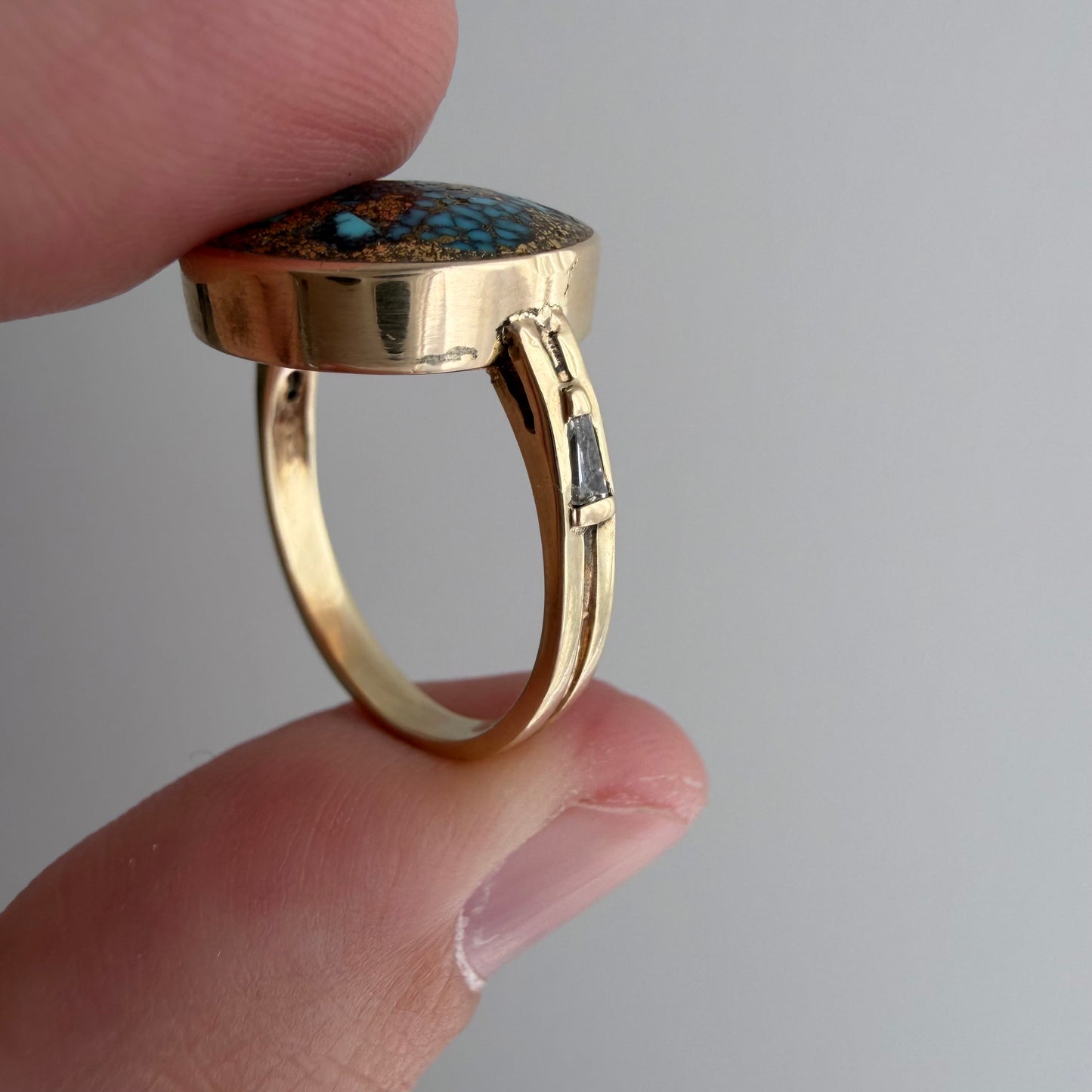 reimagined V I N T A G E // all that glitters / 14k + turquoise in copper or pyrite + baguette diamonds / size 6.5-ish