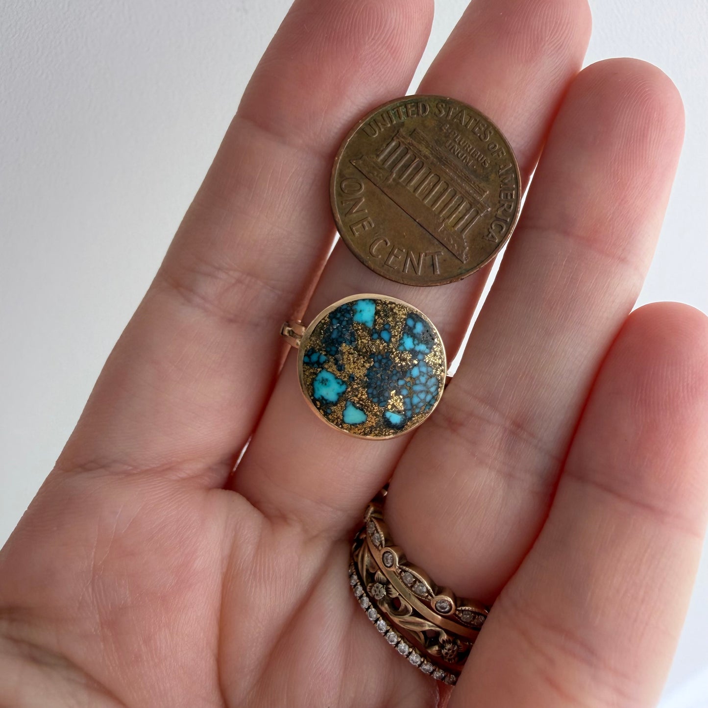 reimagined V I N T A G E // all that glitters / 14k + turquoise in copper or pyrite + baguette diamonds / size 6.5-ish