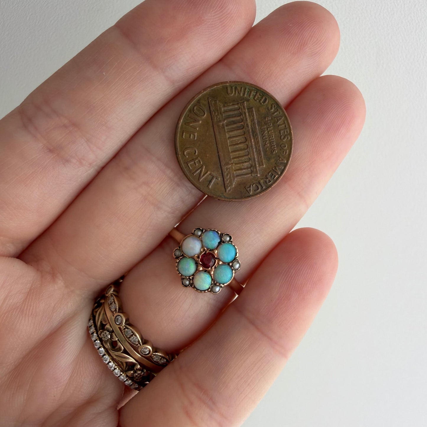 A N T I Q U E // fire flower / victorian 10k + opal + garnet + seed pearl cluster ring / size 4.75