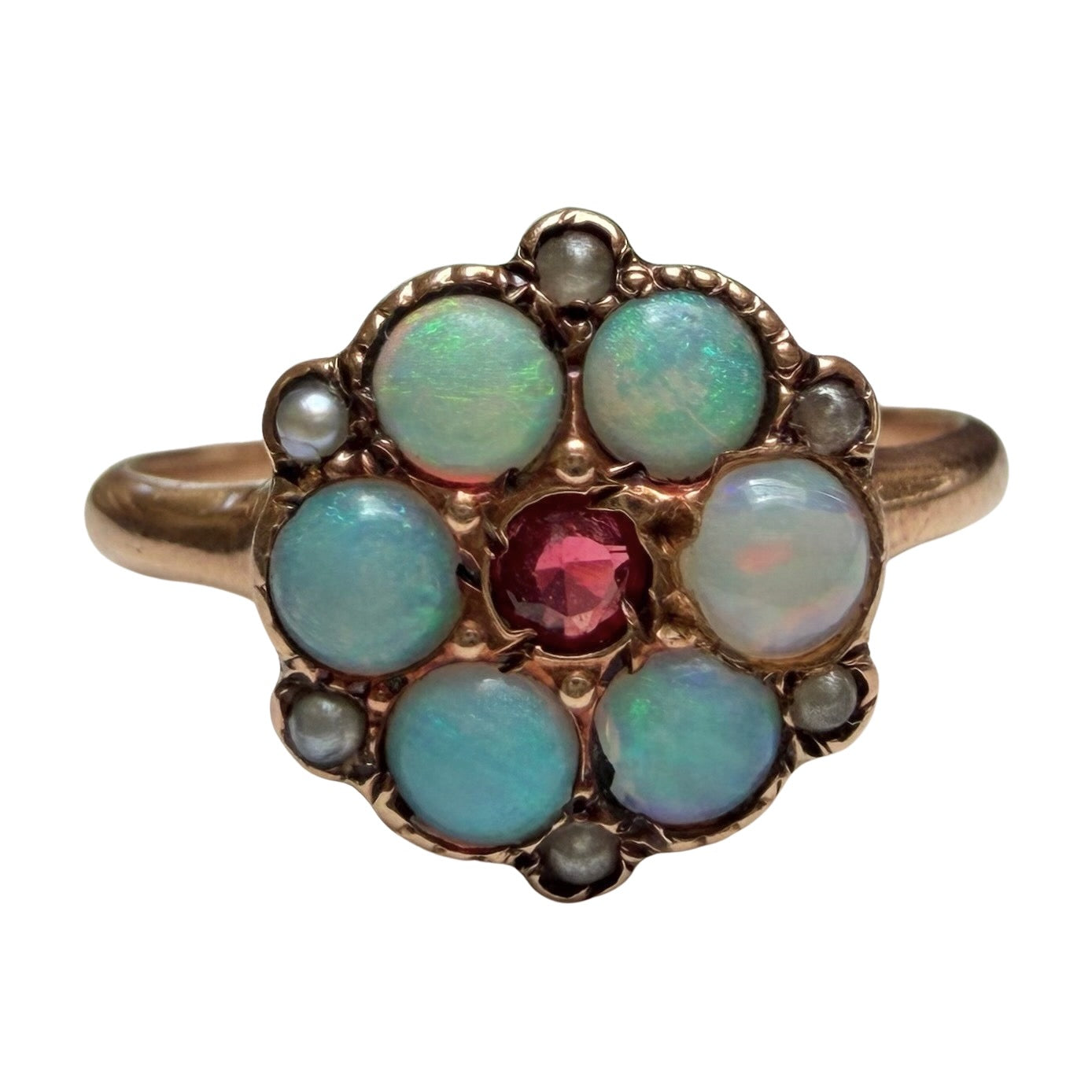 A N T I Q U E // fire flower / victorian 10k + opal + garnet + seed pearl cluster ring / size 4.75