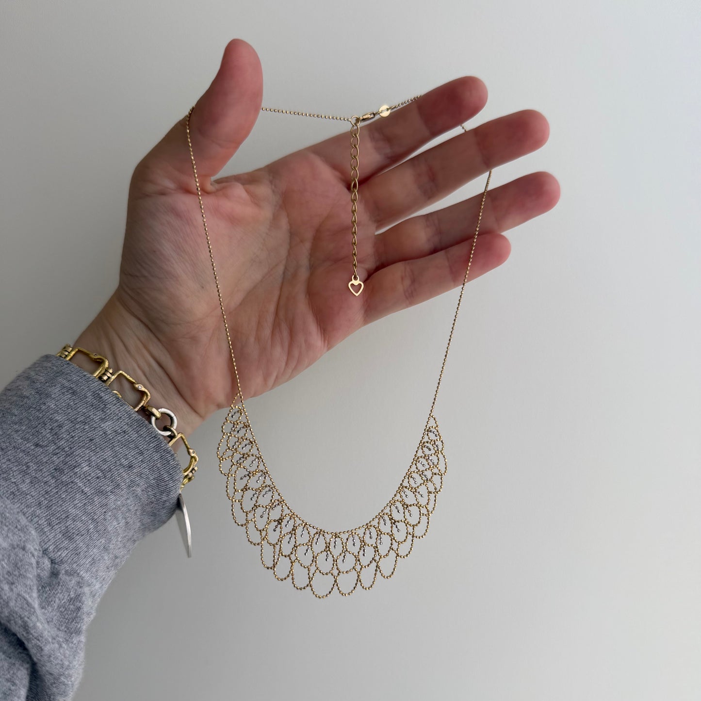 V I N T A G E // like lace / 10k bicolor ball bead lace bib necklace / 16" to 18", 4.8g