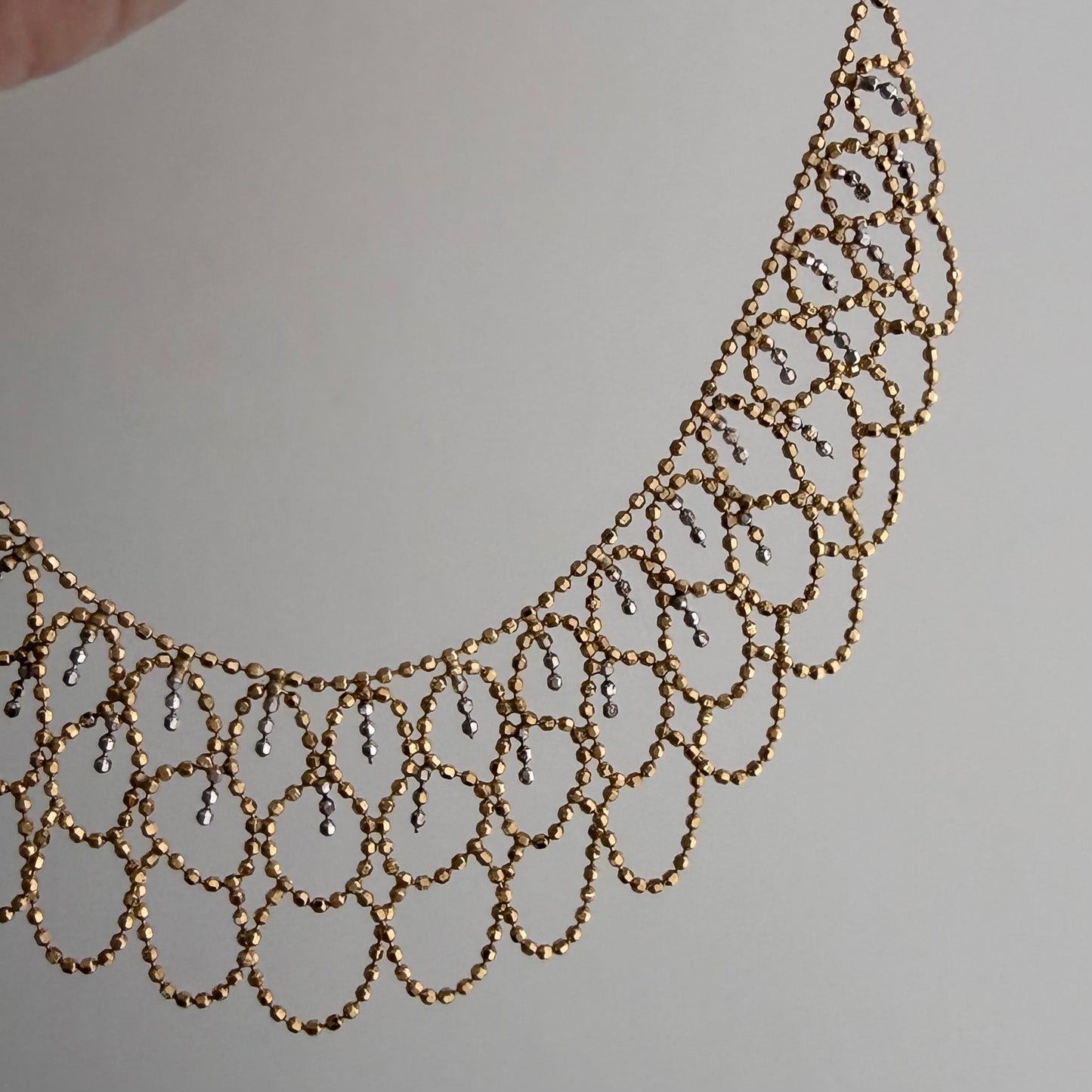 V I N T A G E // like lace / 10k bicolor ball bead lace bib necklace / 16" to 18", 4.8g