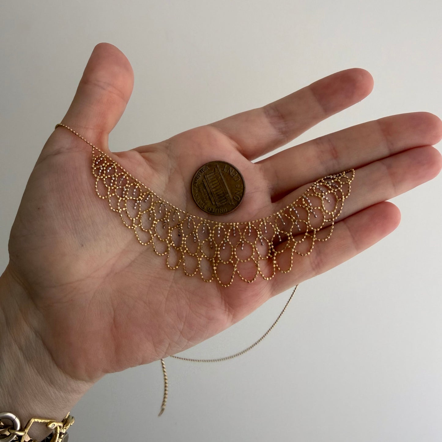 V I N T A G E // like lace / 10k bicolor ball bead lace bib necklace / 16" to 18", 4.8g