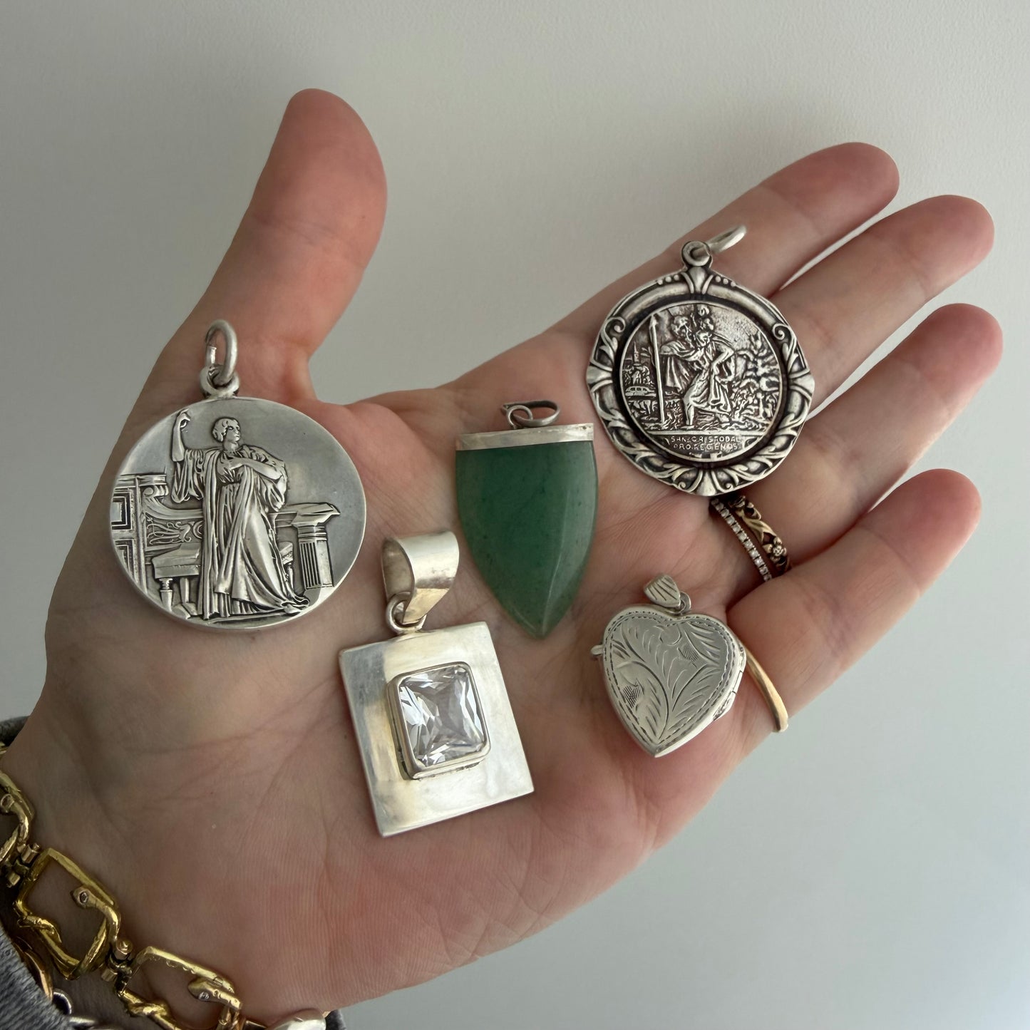 LIKE A LIVE // sterling silver pendants / St Christopher / Elocution medal / aventurine / heart locket / modernist rectangle