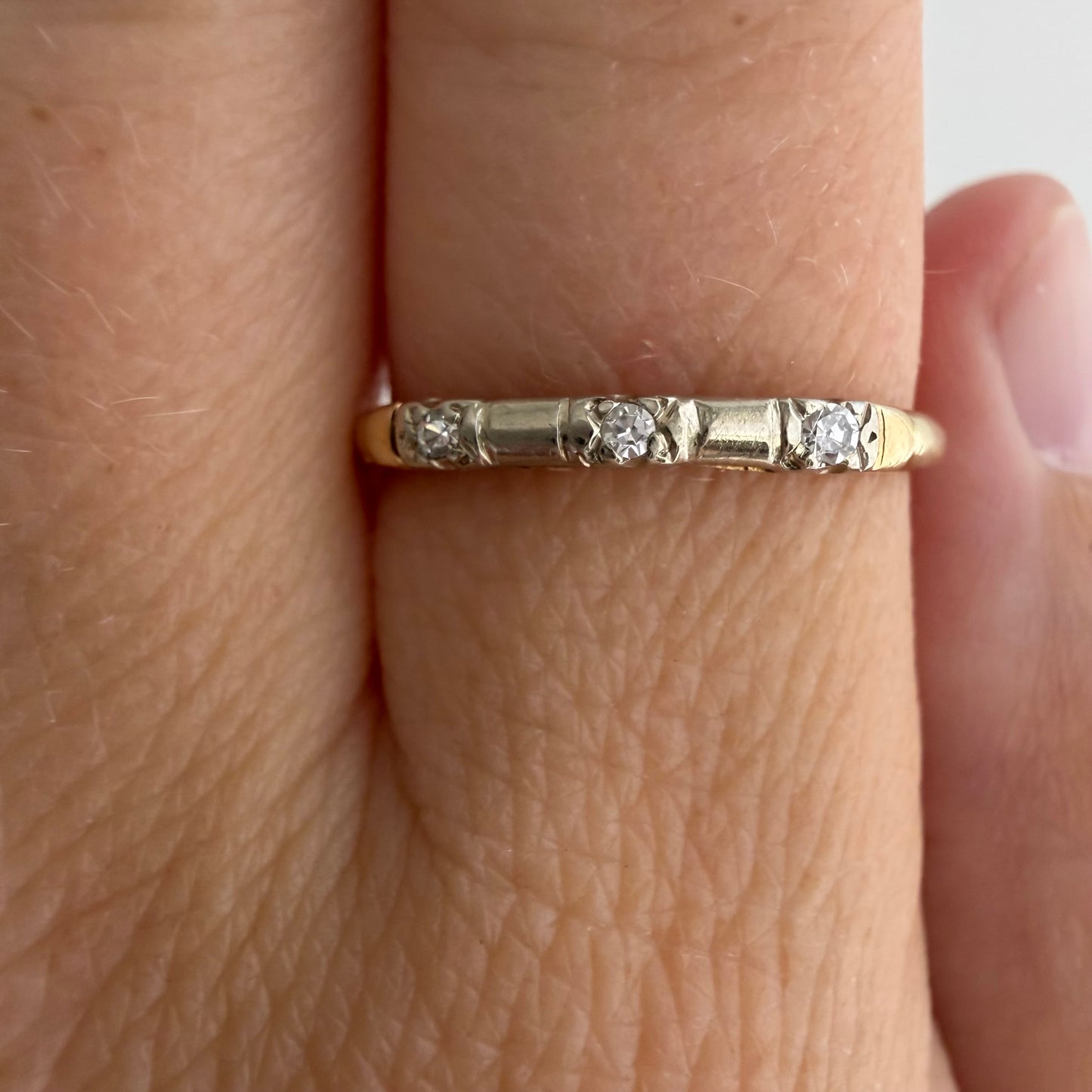 A N T I Q U E // melee magic / 14k yellow and white gold art deco trilogy diamond band / size 7.25