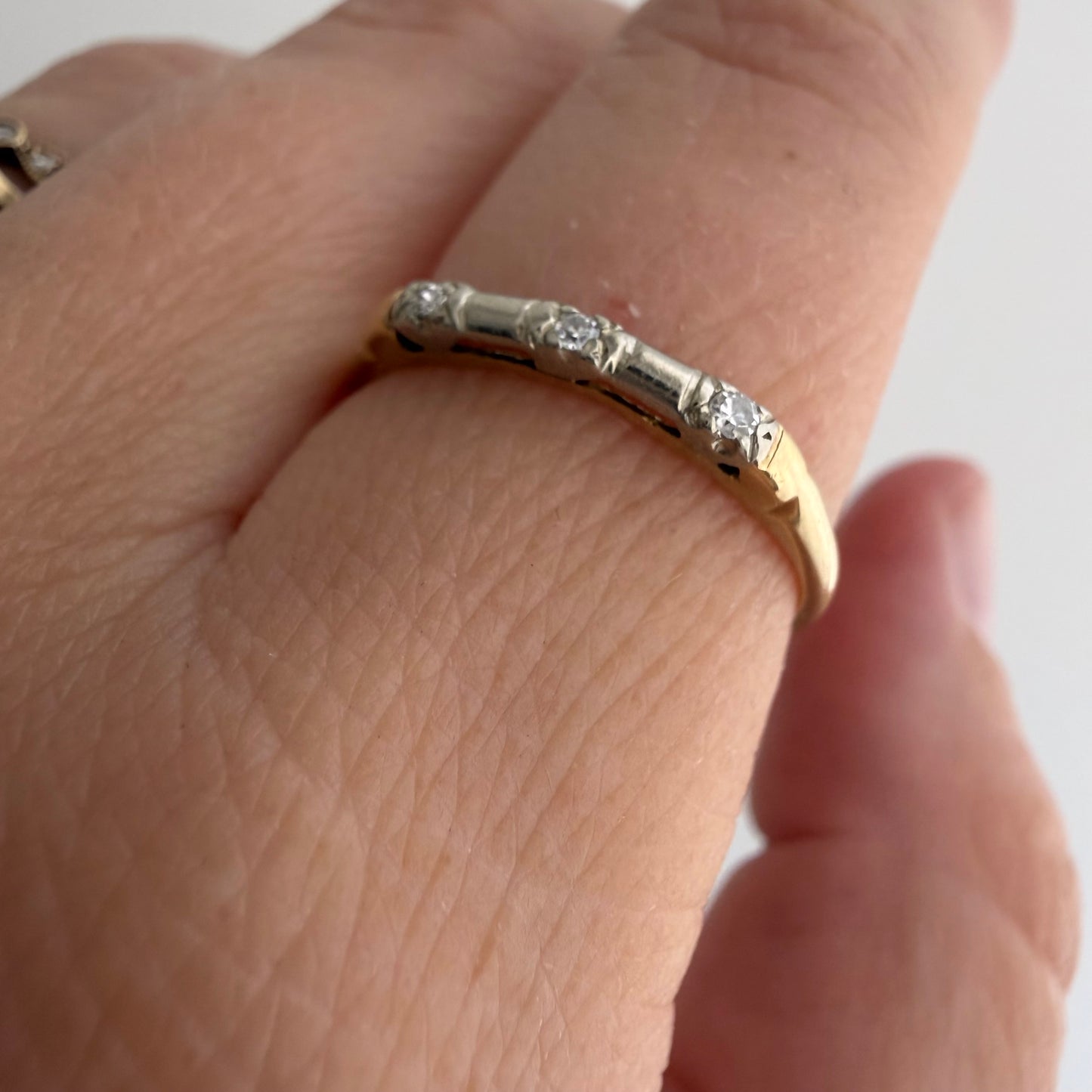 A N T I Q U E // melee magic / 14k yellow and white gold art deco trilogy diamond band / size 7.25