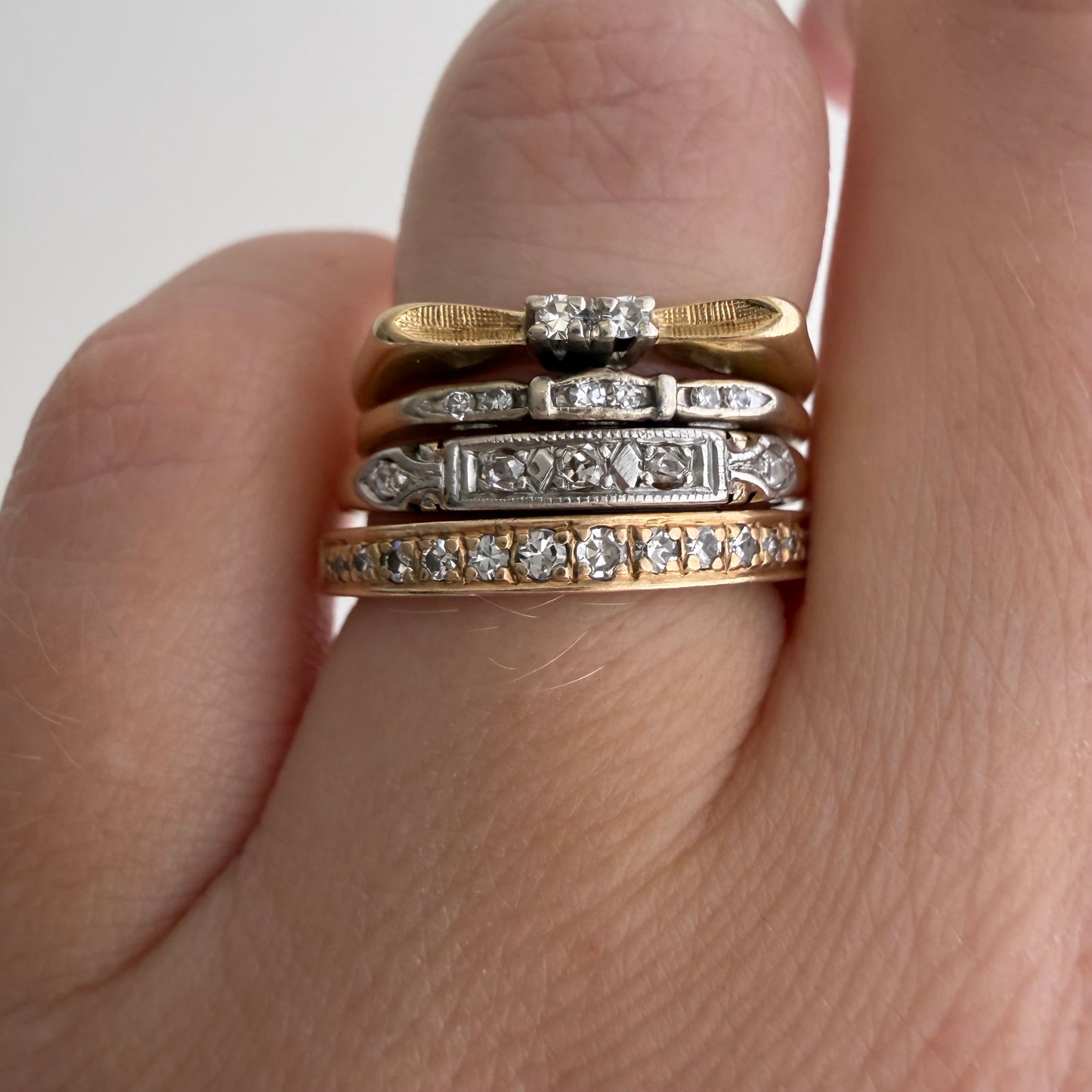 V I N T A G E // better together / 14k yellow and white gold diamond flat bow band / size 5.25+