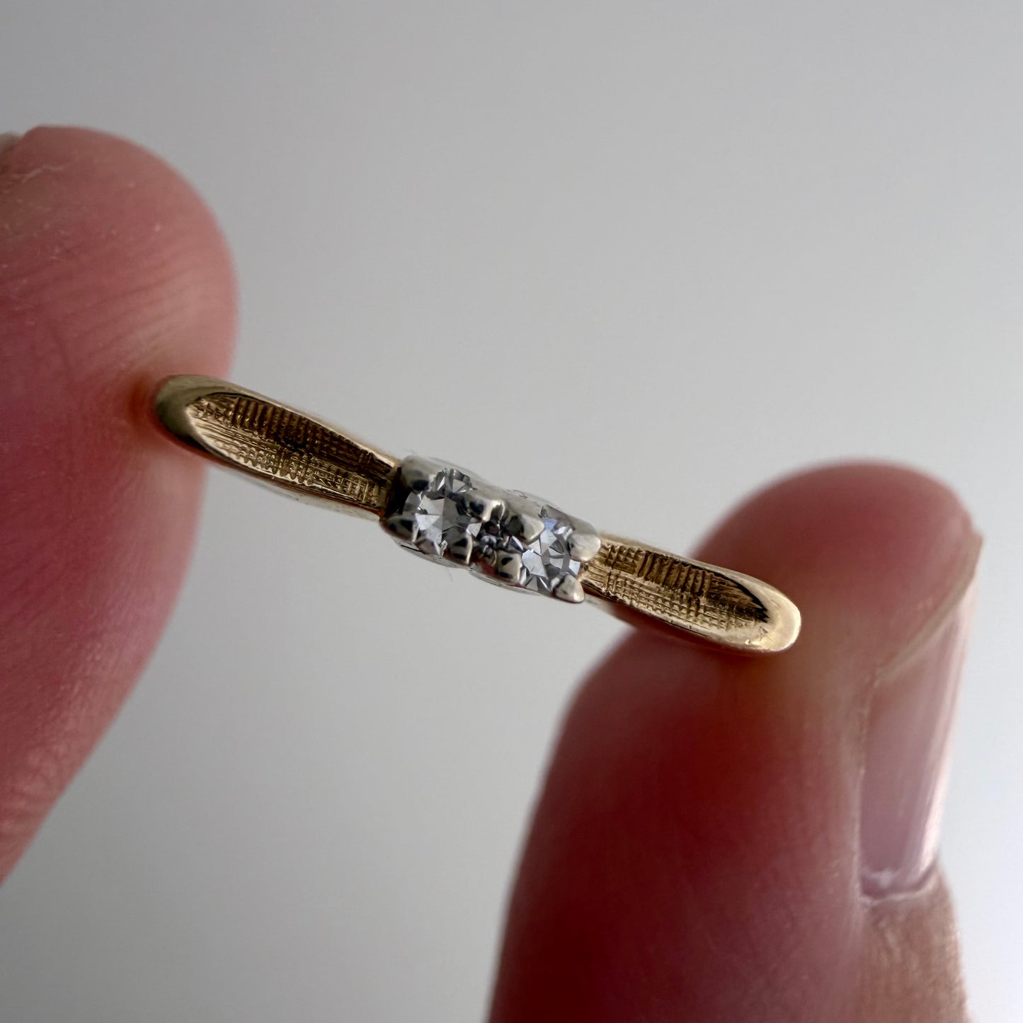 V I N T A G E // better together / 14k yellow and white gold diamond flat bow band / size 5.25+