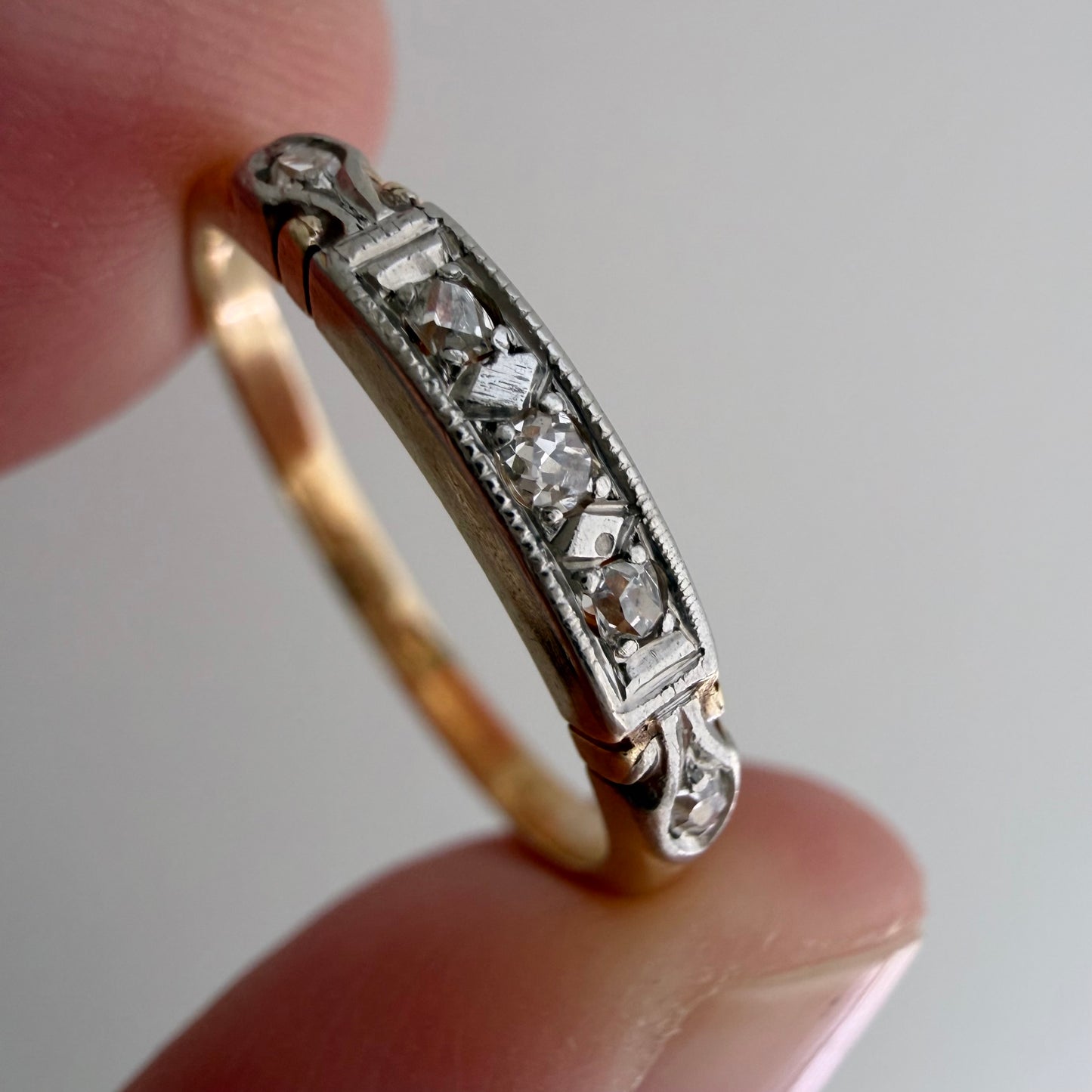 A N T I Q U E // deco stacker / 14k yellow and white gold old diamond half eternity band / size 6.75