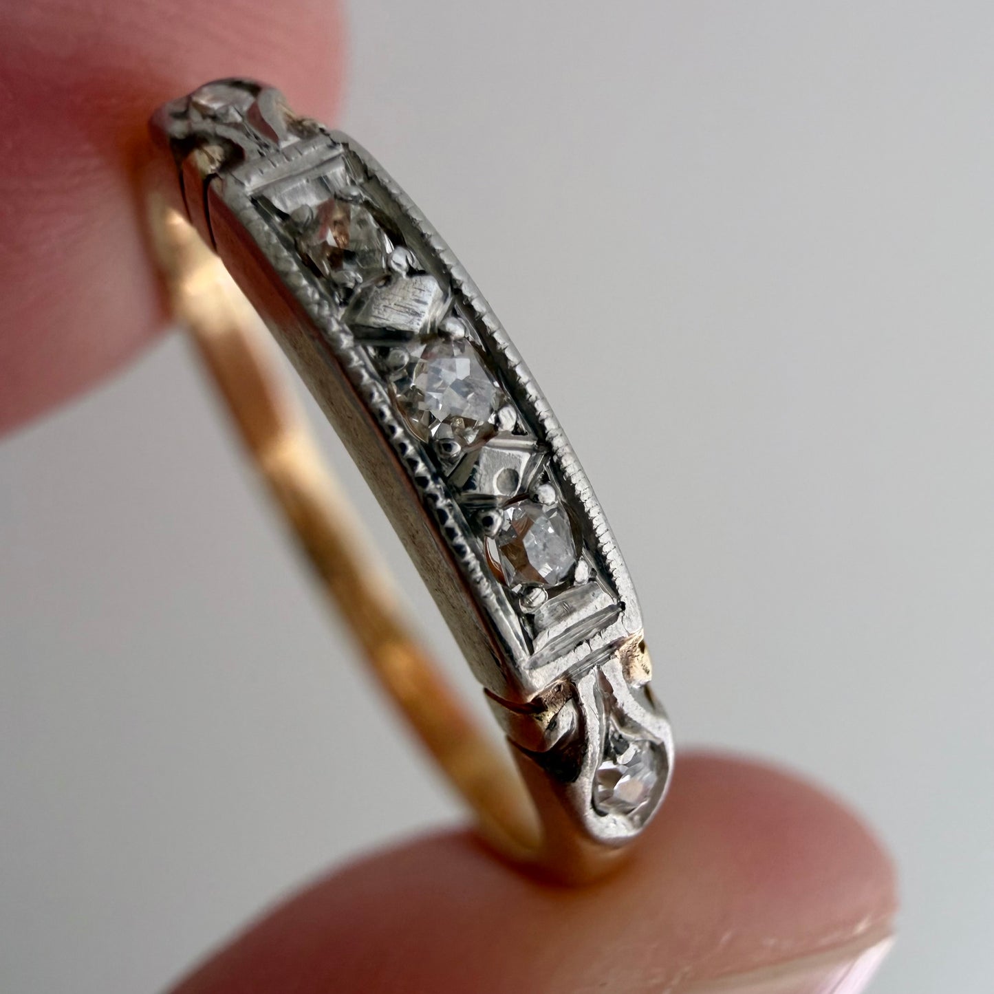 A N T I Q U E // deco stacker / 14k yellow and white gold old diamond half eternity band / size 6.75