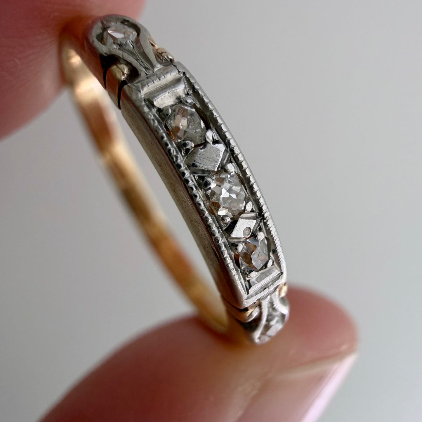 A N T I Q U E // deco stacker / 14k yellow and white gold old diamond half eternity band / size 6.75