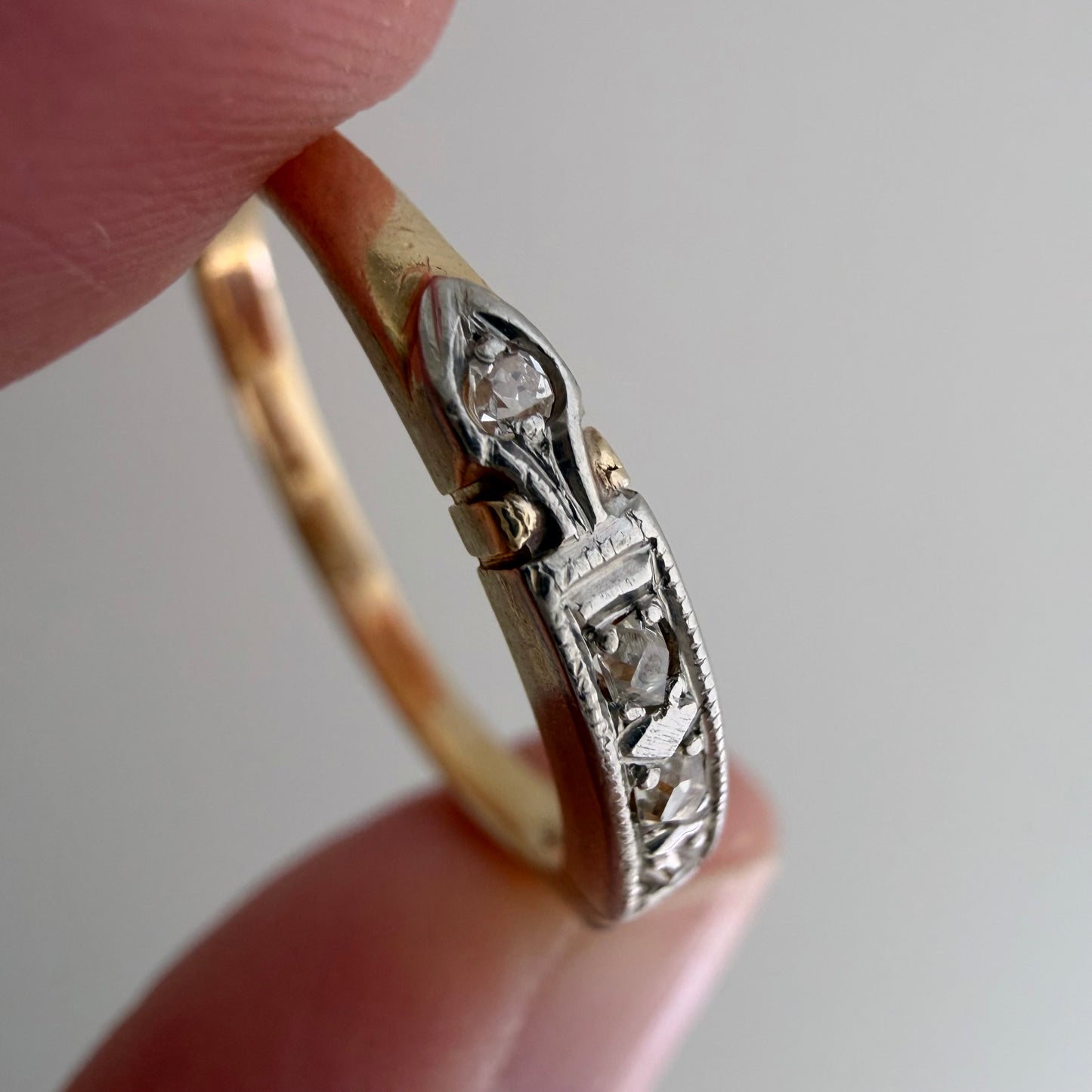 A N T I Q U E // deco stacker / 14k yellow and white gold old diamond half eternity band / size 6.75