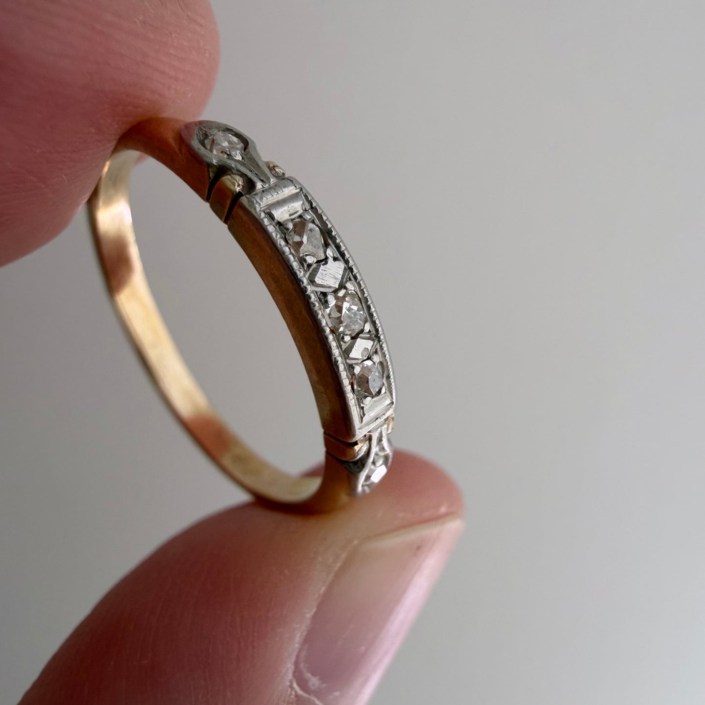 A N T I Q U E // deco stacker / 14k yellow and white gold old diamond half eternity band / size 6.75