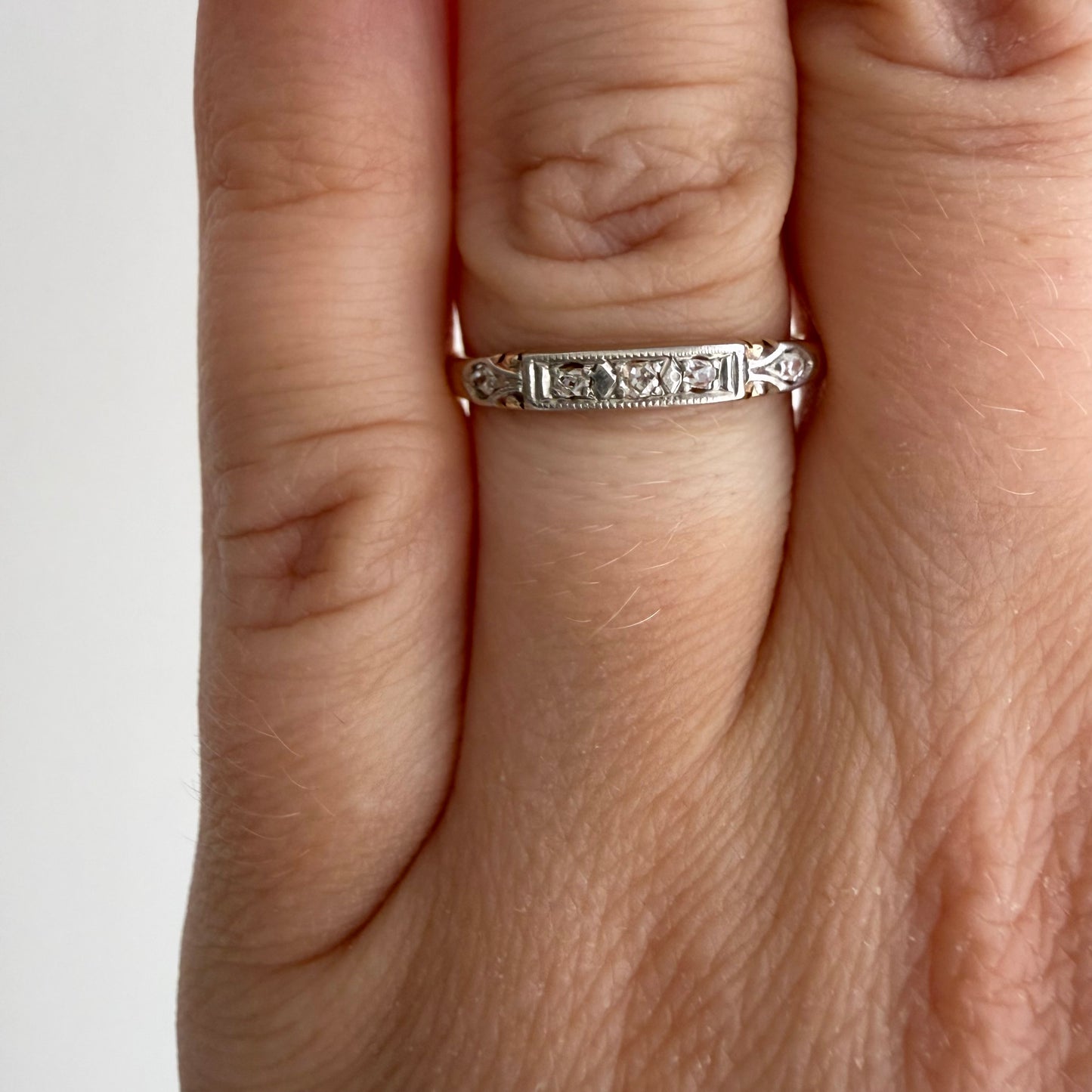 A N T I Q U E // deco stacker / 14k yellow and white gold old diamond half eternity band / size 6.75
