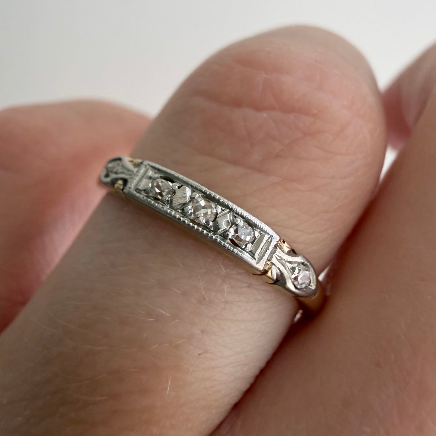 A N T I Q U E // deco stacker / 14k yellow and white gold old diamond half eternity band / size 6.75