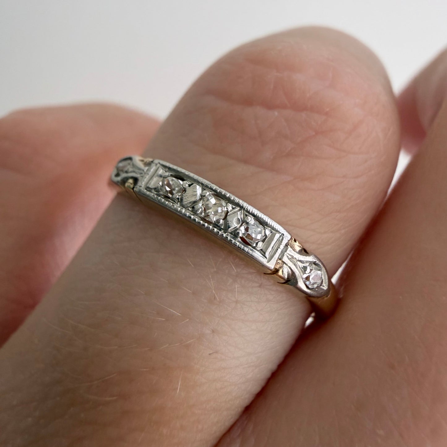 A N T I Q U E // deco stacker / 14k yellow and white gold old diamond half eternity band / size 6.75