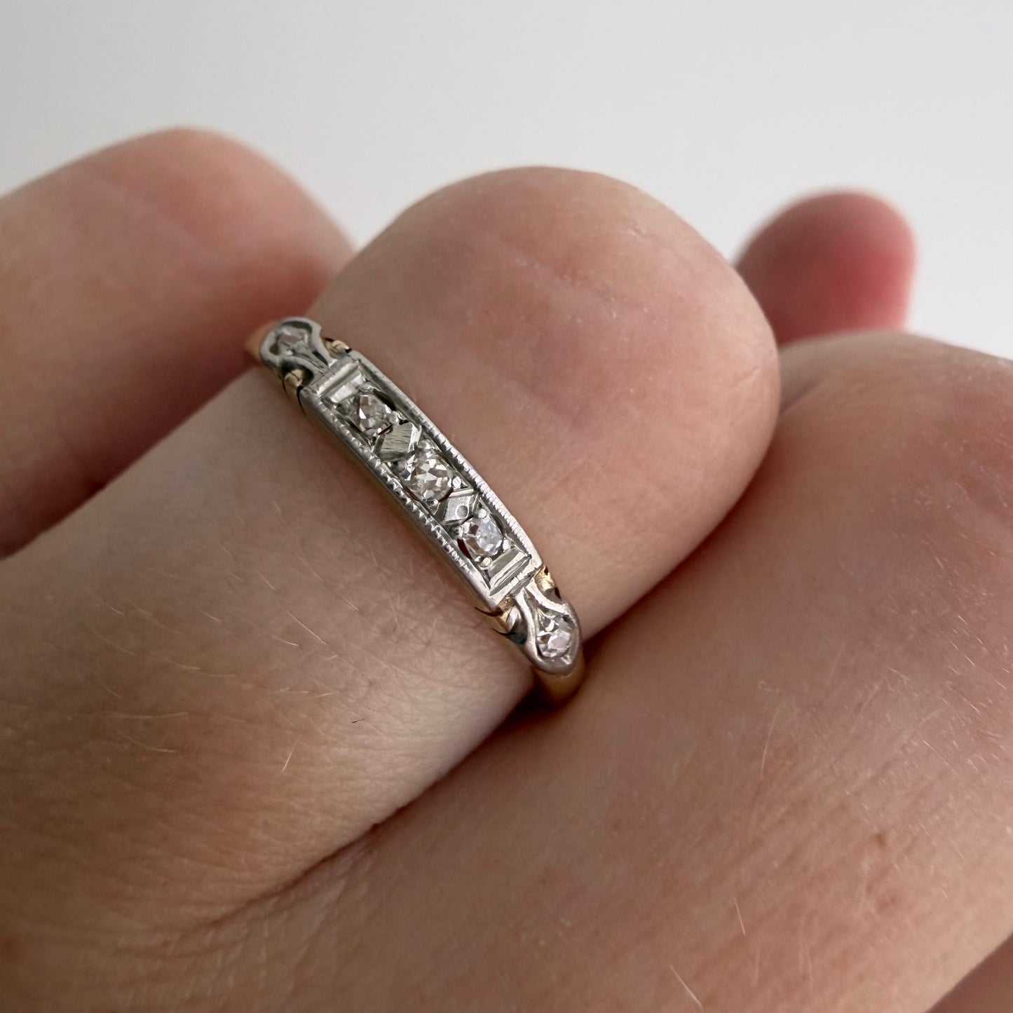 A N T I Q U E // deco stacker / 14k yellow and white gold old diamond half eternity band / size 6.75